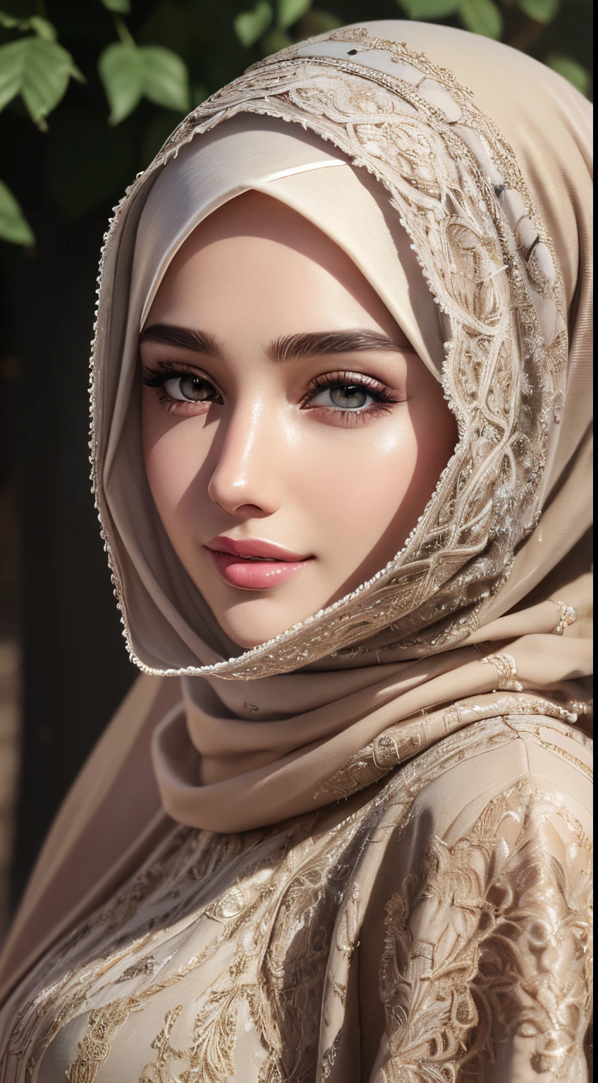Best quality, Realistic, Photorealistic, extremely detailed, An extremely delicate and beautiful, RAW photo, 4K,8K,Professional lighting, Dynamic lighting, light in face, Depth of field, solo focus, full body, flawless beauties,A 20-year-old female, Brown eyes, Smaller head, Fashion girl, Beautiful eyes, Large breasts, Real face, Real skin, Realistic face, Realistic skin, Detailed eyes, Detailed facial features, detailed hijab, detailed clothes featureashionable attire:1.3), (intricate fashion hijab: 1.3) dynamic poses,Detailed face, pretty smile,