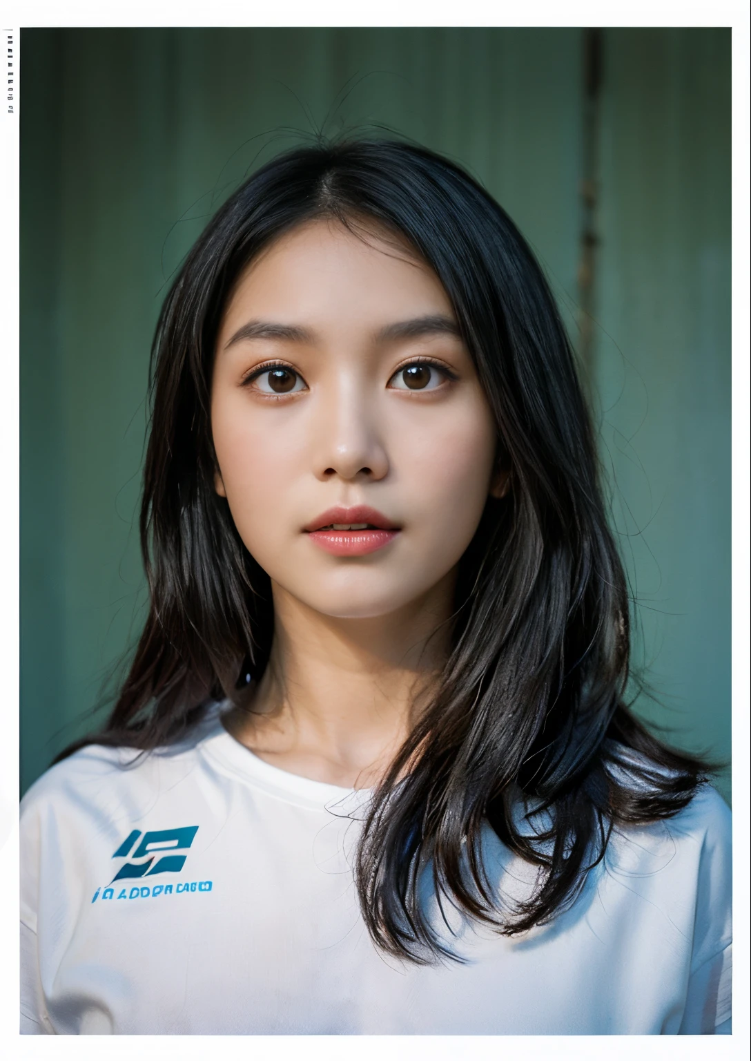 ((masterpiece), (best quality), (raw photo), (photorealistic:1.4), Highly realistic photo, Portrait of a women 25 year old Vietnamese, ((white shirt)), ((black hair)), The light from above shines down, dark blue background, photo taken in 1975 by Fujifilm XT3