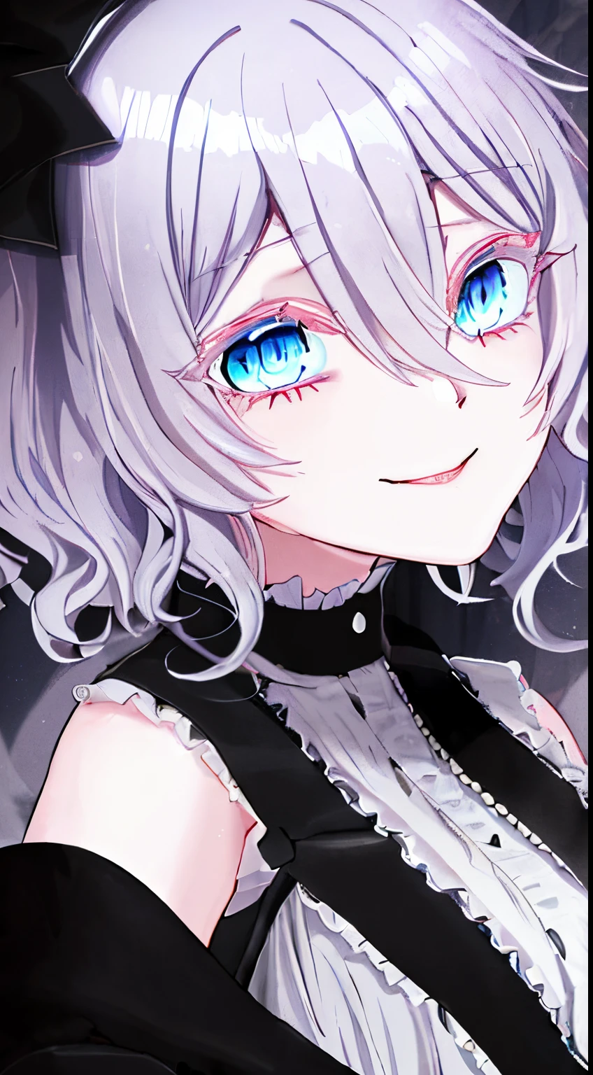 a girl silver hair, silver eyelashes, light blue eyes in a goth black dress, anime girl wearing a goth black dress, 11 - year - old anime goth girl, hair between eyes ,short wavy hair,smile,