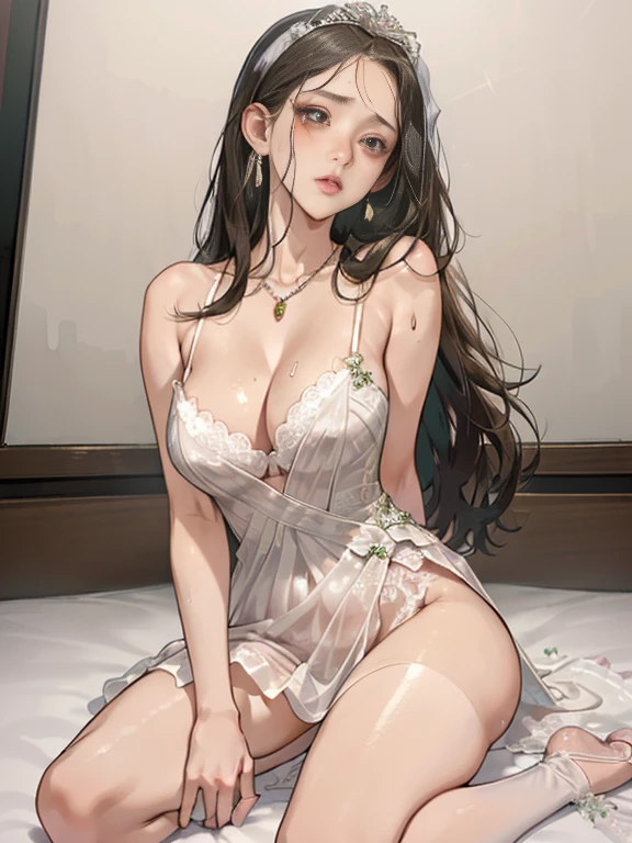 (masutepiece: 1.3), (max resolution: 1.2), (Ultra HDTV: 1.2), cinematric light, 8K resolution, Detailed eyes and skin, detailed facial features, , (Sharp Focus: 1.2）, (Focus on Face:1.2),Perfect Style, Beautiful face, acurate, Anatomically correct, Highly detailed face and skin texture, Detailed eyes, Double eyelids, Thin eyebrows, Glitter Eyeliner: 1 Natural cheeks, Glossy skin, Fair skin: 1.2, (Glossy lips: 1.4),、 (Shy look: 1.2),Highly detailed facial and skin texture, Detailed eyes, Double eyelids, Natural cheeks, , shiny lips: 1.4,Exposed cleavage、（A large amount of ????? in the ?????:1.4）（Large amount of ????? in the thighs:1.2）、white mucus all over the body,,,,、 red blush、humiliated、impatience、dismay、Frightened、glares、Tears、embarrassed from、Open knees、open one's legasturbation behavior:2.0）、touches ??????、rub one's ???????、Insert Finger、White ?????????、White bra、Shiny little earrings and necklaces、Disheveled clothes、Dressing、Exposed panties、Drenched in sweat、Sheer ?????????、Full body like、 25-years old, Neat and clean woman 、Wavy Hair、 Semi-long hair, upturned ???????, chies、silber hair、Green-gray eyes,(weddingdress:1.5)、veils