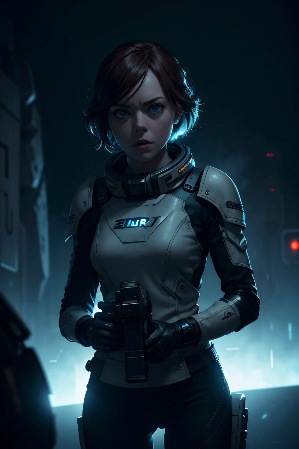 Hot terrified Sci fi Emma Stone holding a sci fi pistol on Ishimura Horror Space Ship photography, natural light, photorealism, cinematic rendering, ray tracing, the highest quality, the highest detail, Cinematic, Third-Person View, Blur Effect, Long Exposure, 8K, Ultra-HD, Natural Lighting, Moody Lighting, Cinematic Lighting