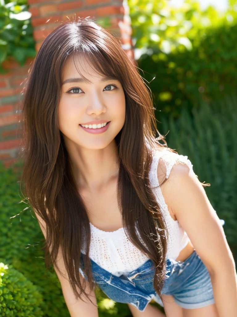 (top-quality、8K、​masterpiece:1.3)、Beautiful Women in Perfect Figure:1.4、dark brown  hair、Medium Hair、Wavy Hair、Denim shorts、white viking stretch、in a garden、extremely detailed face and skin、A detailed eye、二重まぶた、NSFW、Toned body、A smile
