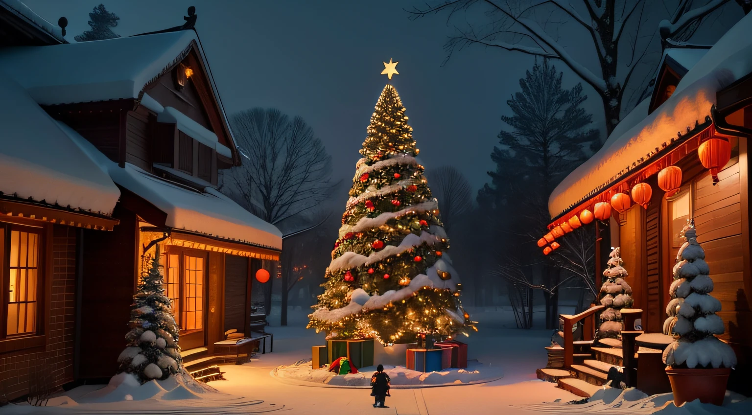 Winter view，Modern Christmas tree filled with gifts, Real and detailed, Dragon-shaped lanterns，Chinese dragon playing game with kids，snowy days