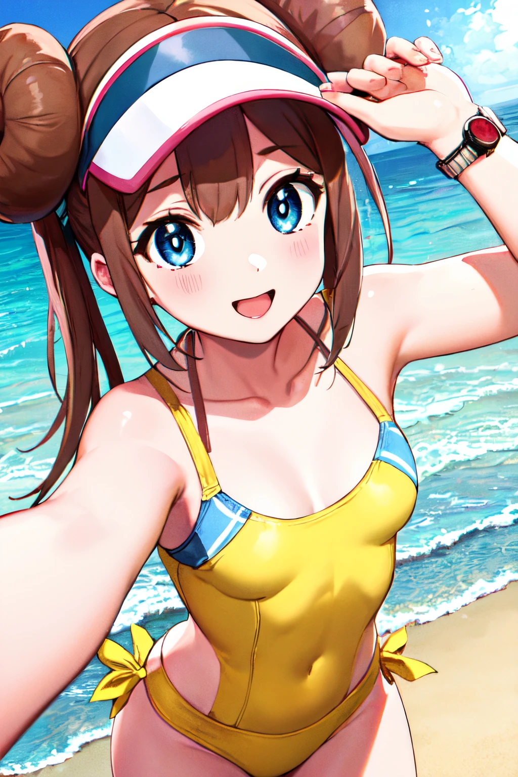 masuter piece, Best Quality, 超A high resolution, top-quality, Anime style, The best lighting, Beautiful face, ​masterpiece, Hi-Res, RO1, Hair buns, blue eyess, Twin-tailed, Visor Cap, (Yellow competition swimsuit:1.2), Pink ribbon, wrist watch,  Standing, cowboy  shot, deph of field, pokeball \(basic\), A smile, (Beach background:1.5), pleasant sunny sky, 1girll, (a closeup:1.4)