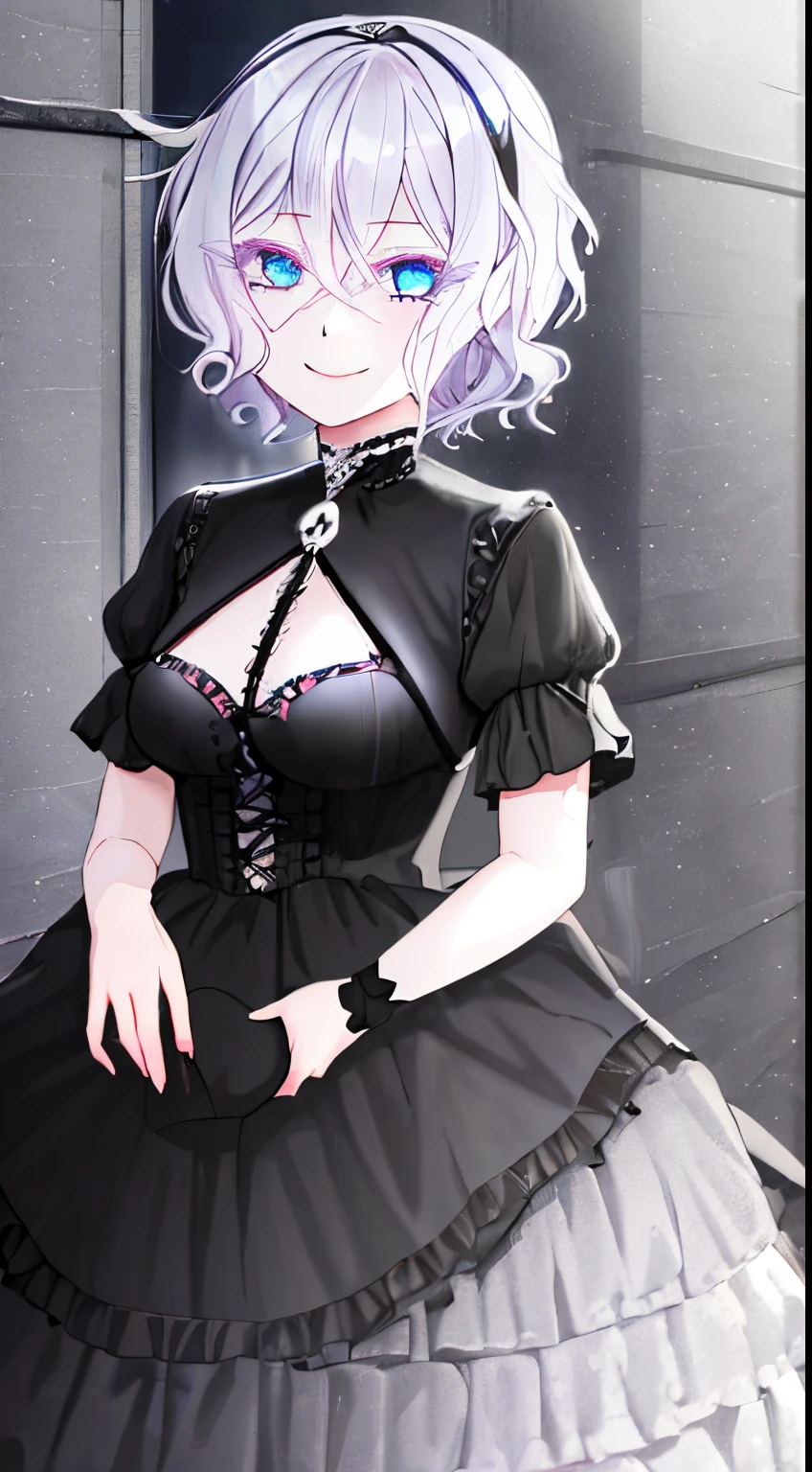 a girl silver hair, silver eyelashes, light blue eyes in a goth black dress, anime girl wearing a goth black dress, 11 - year - old anime goth girl, hair between eyes ,short wavy hair,smile,