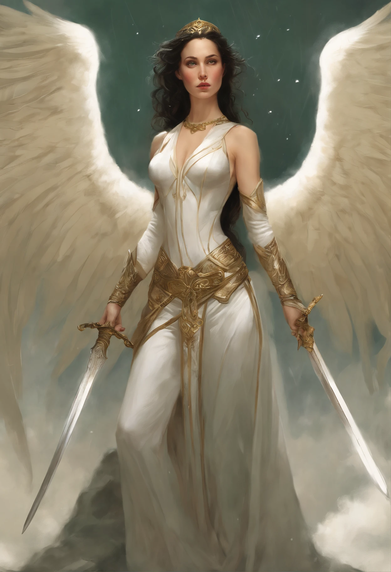 真实感, dark fantasy style, John Tolkien style, Small painting by Jean-Baptiste Monge, portraite of a, looks from the front, Soft facial features,  Angel Girl, Average height, dark pink lips, lip shape "Cool eyebrows in the shape of Angryburts, dark brown eyes, green colored eyes, drooping eye shape, drooping corner of the eye, looking at away,  black  hair, hair braided in a long thick tight braid,  classic braid, hairstyle with classic braid, slightly upturned nose,  in the hands of the sword of the heavenly warrior, in the form of a Valkyrie,  Carol Buck style, behind his back are huge open angel wings, Sword in hand, Slightly naked, Sexy image, Priestesses, dressed in white and gold clothes, holy golden armor, Celestial Queen, Standing next to a motorcycle, rain is dripping, The city, megalopolis, city trail, big house, glass skyscraper Jean-Baptiste Monge, anthropomorphic --ar 2:3 --testp -optimistic;
