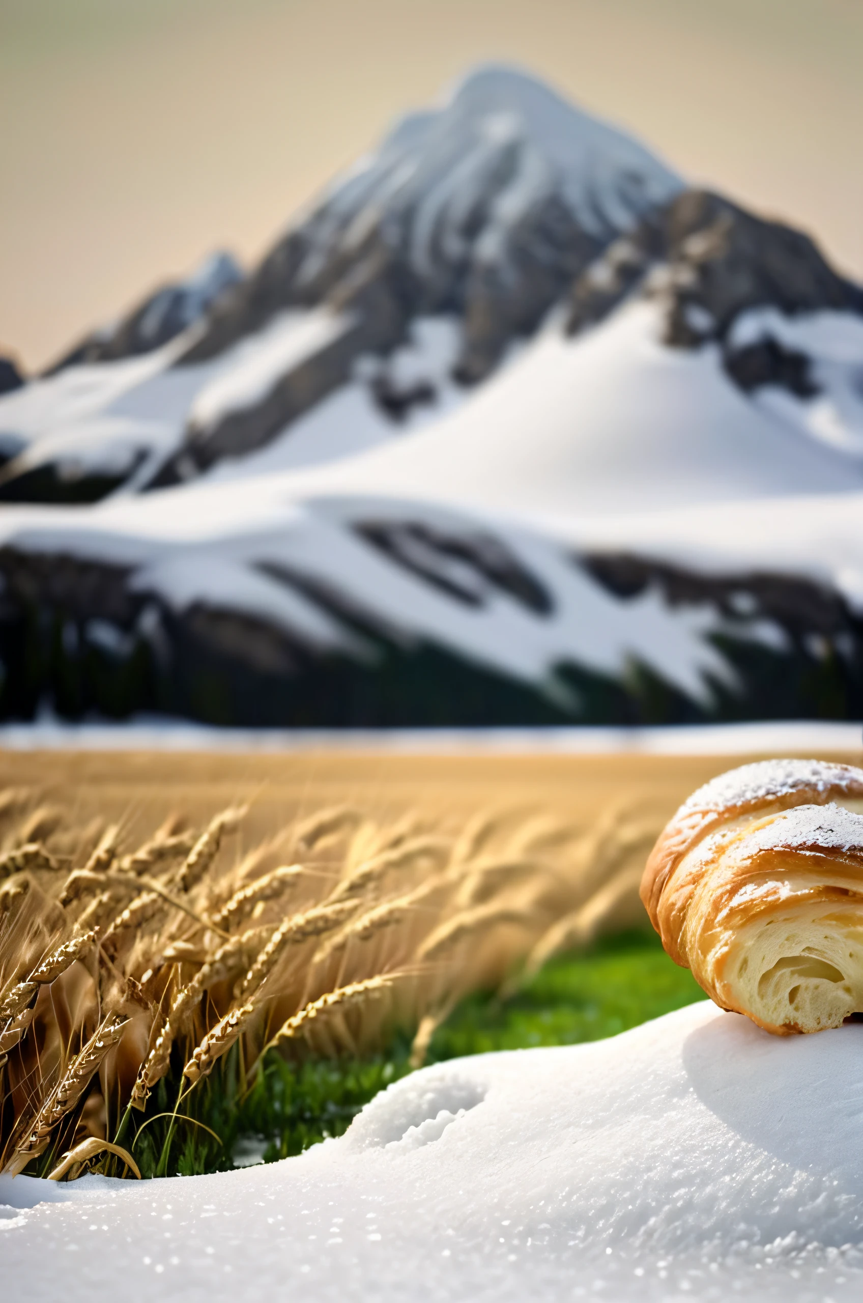 （There  a snow mountain made of wheat flour in the upper left corner. Snow melts and forms streams. Both sides of the snow-capped mountains are surrounded by lush green grass..Sitting on a piece of butter floating in the snow）（A croissant）（warm color palette）（The feeling of spring）