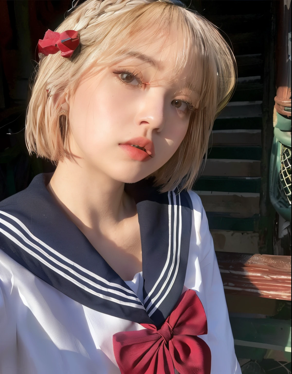 chica de pelo rubio con un lazo rojo en un traje de marinero, Peinado blanco de corte hime, con el pelo corto, Uniforme de marinero con cuello de abrigo suelto, Chica de anime en la vida real, ulzzang, con pelo corto con flequillo, Sakimichan, El Corte Hime, Uniforme de marinero, Una colegiala hiperrealista, japanese girl school uniform, con el mismo peinado, Kim Doyoung