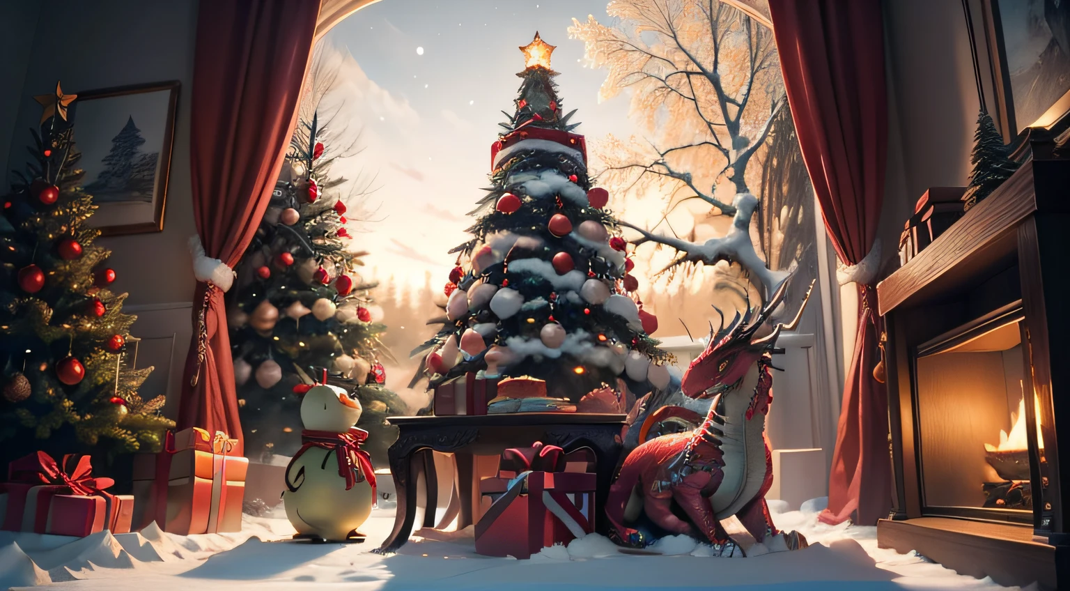 Winter view，Modern Christmas tree filled with gifts, Real and detailed, Dragon-shaped lanterns，Little Chinese dragon playing games with children，snowy days