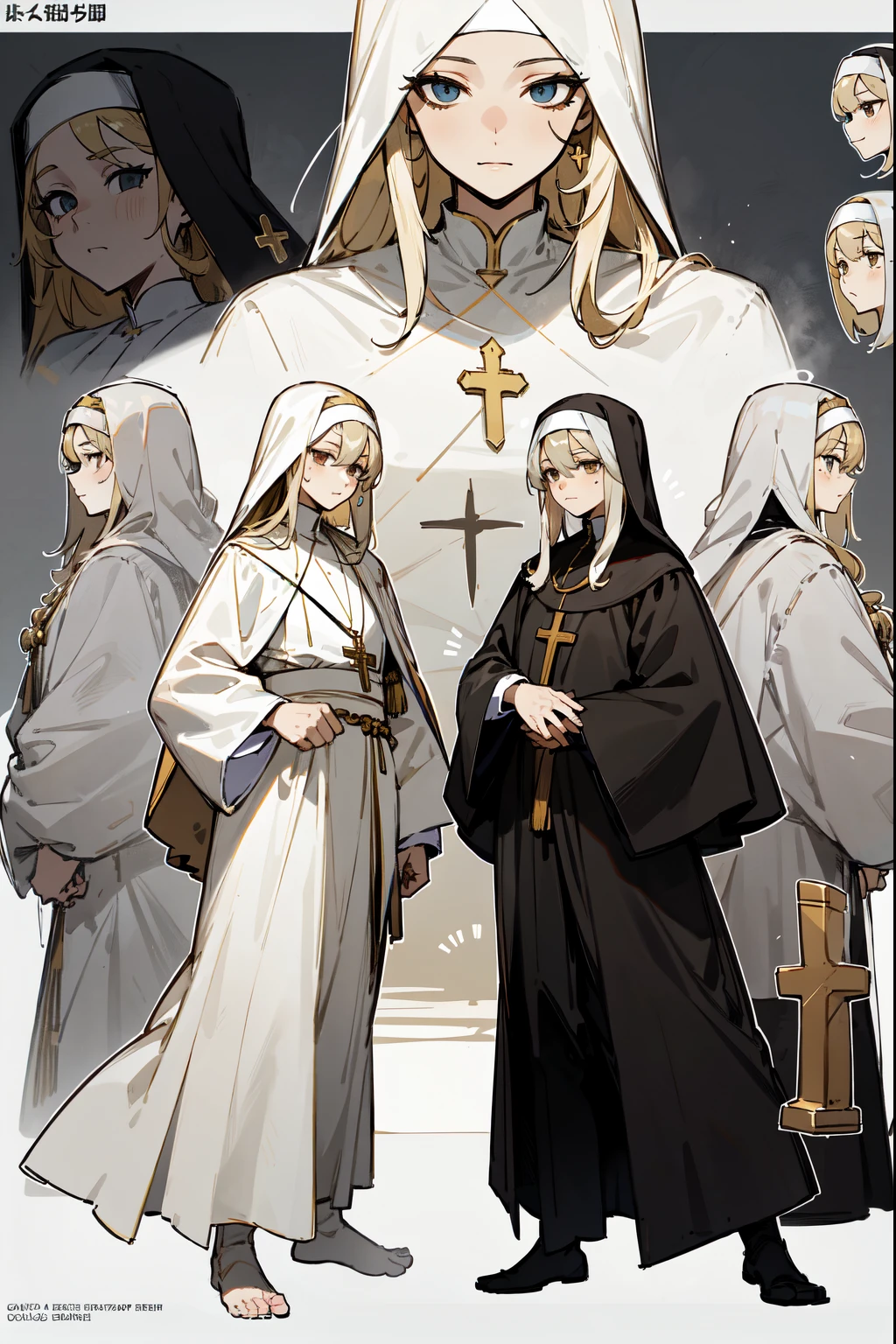 pious pope，sacrifices，Sacred costumes，lewd nun，crosses, golden, (tmasterpiece), Best quality, Expressive eyes,    a perfect face, (character sheets:1),character  design，Conceptual role，（The whole body  from head to toe）, Long white hair, Braided hair