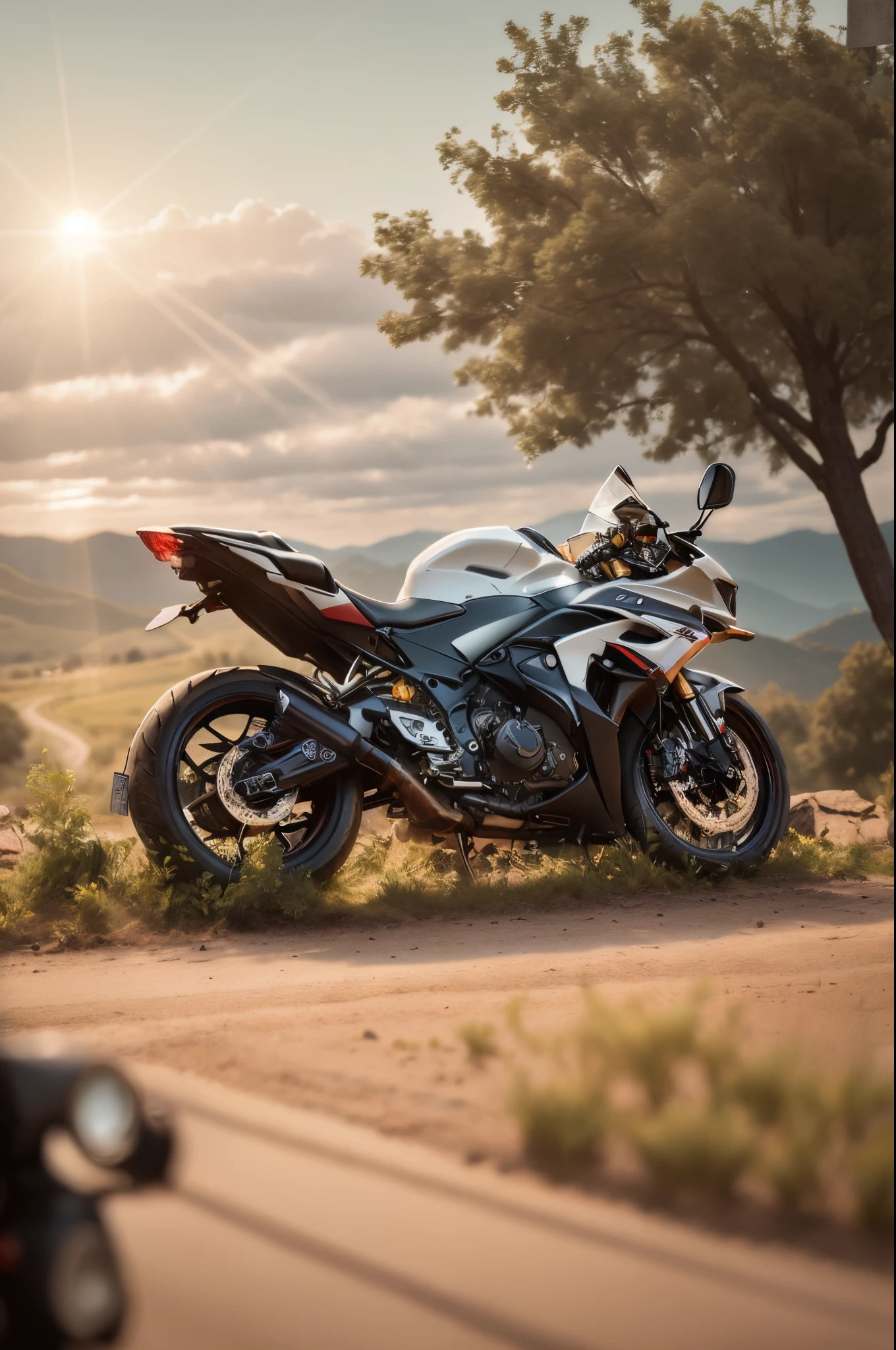 there a motorcycle parked on the side of the road, taken with sony a7r camera, powerful scene, motorcycle, yoshimura exhaust, one motorbike in center of frame, photo taken with sony a7r, photo taken with sony a7r camera, front side full, motorbike, shot on nikon d 3 2 0 0, taken with sony alpha 9