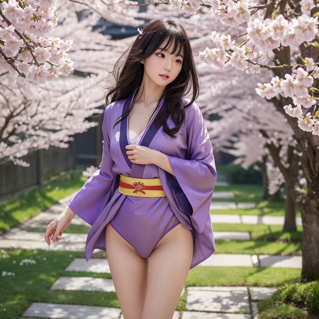 (Purple kimono)、(top-quality,​masterpiece:1.3,超A high resolution,),(ultra-detailliert,Caustics),(Photorealsitic:1.4,RAW shooting,)Ultra-realistic capture,A highly detailed,high-definition16Kfor human skin、 Natural Skin Texture、、The skin looks healthy with an even tone、 Use natural light and color,One Woman,japanes,kawaii,A dark-haired,very big hair,(depth of fields、chromatic abberation、、Wide range of lighting、Natural Shading、)、(Cherry blossoms in the air:1.2)、(Hair swaying in the wind:1.2)、(Cherry blossoms reflect light:1.1)、Cleavage can be seen through the exposed kimono、Legs visible through exposed kimono（Red garter belt、Crotch visible through exposed kimono、Kneel, spread your legs and look up、(Hair swaying in the wind:1.2)、 Background with: cherry trees、Perfect anatomical body proportions with legs spread apart:2.8、small red micro panties、Panty shot from below、Facing forward、 M-shaped legs:2.8、wide open the crotch、Bend your knees、(Legs wide open)、Open your thighs、lift your butt to the limit、k Yellow water drips from the crotch