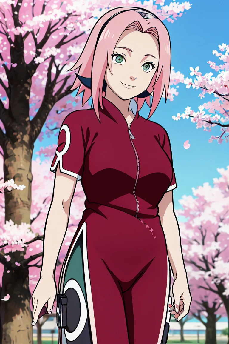 tmasterpiece， Best quality at best， 1girll， Sakura Haruno， Large breasts, smile，with pink hair， long whitr hair， （Green eyeballs:1.4)， Forehead protection， the cherry trees，Cherry blossoms flying，Red clothes in anime style ，tight pants at thighs, wallpaper, thighs