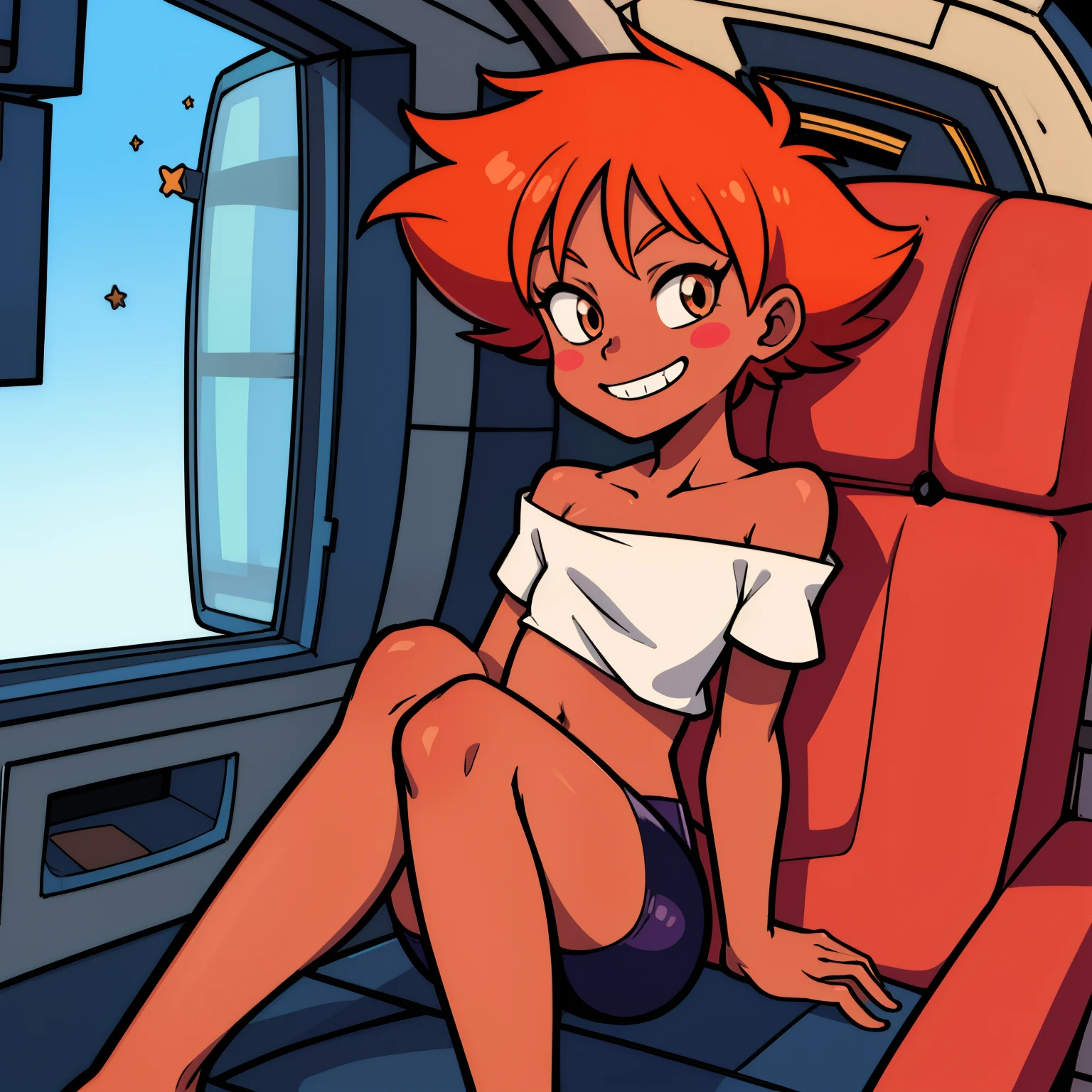 A blond young sexy woman with short hair and hot clothes sits on a seat in a spaceship and the window can show beautiful stars,futurama style