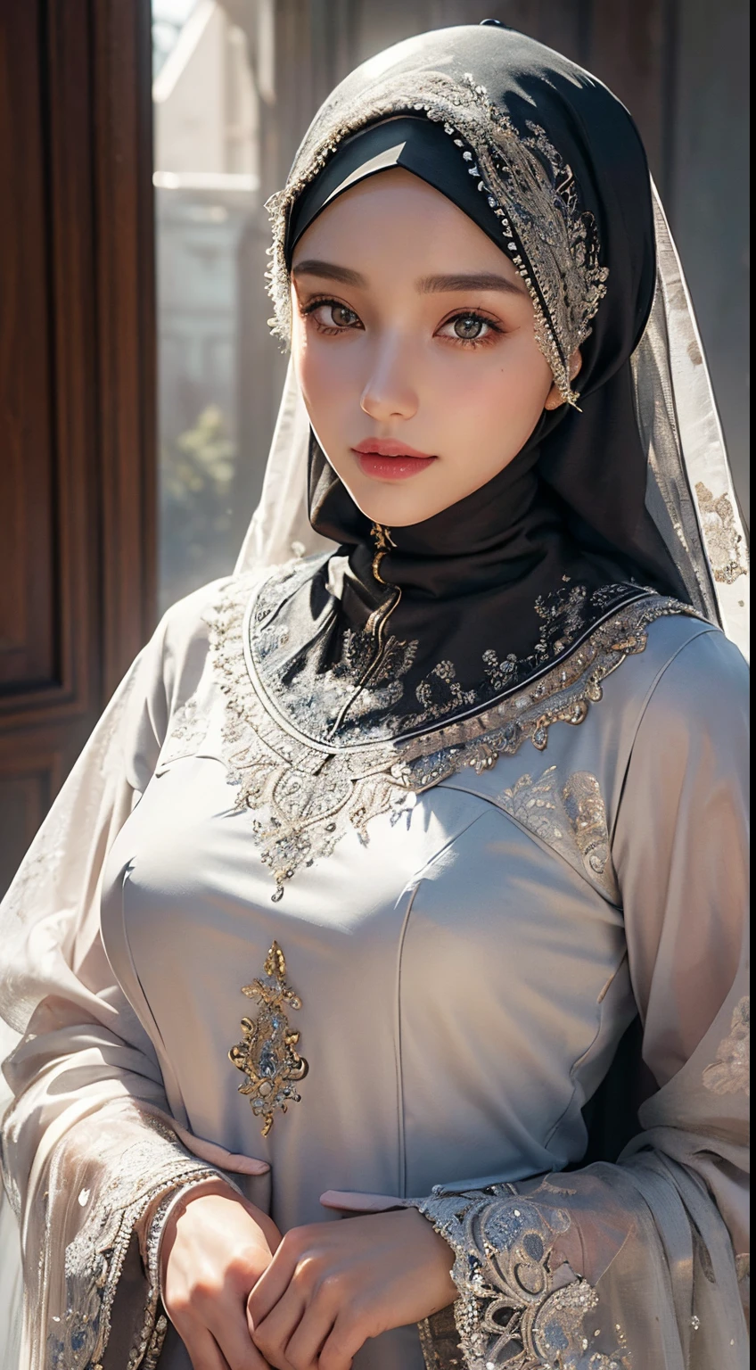 Best quality, Realistic, Photorealistic, extremely detailed, An extremely delicate and beautiful, RAW photo, 4K, 8K, Professional lighting, Dynamic lighting, light in face, Depth of field, solo focus, full body, flawless beauties,A 20-year-old female, Brown eyes, Smaller head, Fashion girl, Beautiful eyes, Large breasts, Real face, Real skin, Realistic face, Realistic skin, Detailed eyes, Detailed facial features, detailed hijab, detailed clothes feature, (fashionable attire:1.3), (intricate fashion hijab: 1.3) dynamic poses,Detailed face, pretty smile, cowboy shot