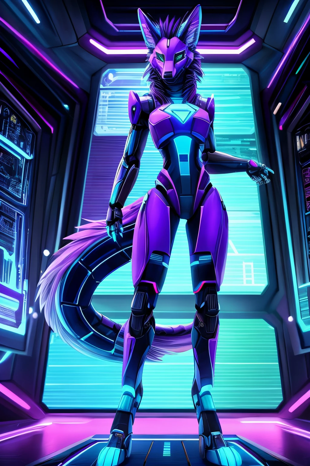 Maned wolf, blue paws, blue feet, purple fur, (long legs), female, purple face, scifi background, robotic, robot, synth, green eyes, shiny, blue belly, narrow waist, tail, standing, wide hips, standing in front of a control panel, standing in fron of a large screen, cybernetic,