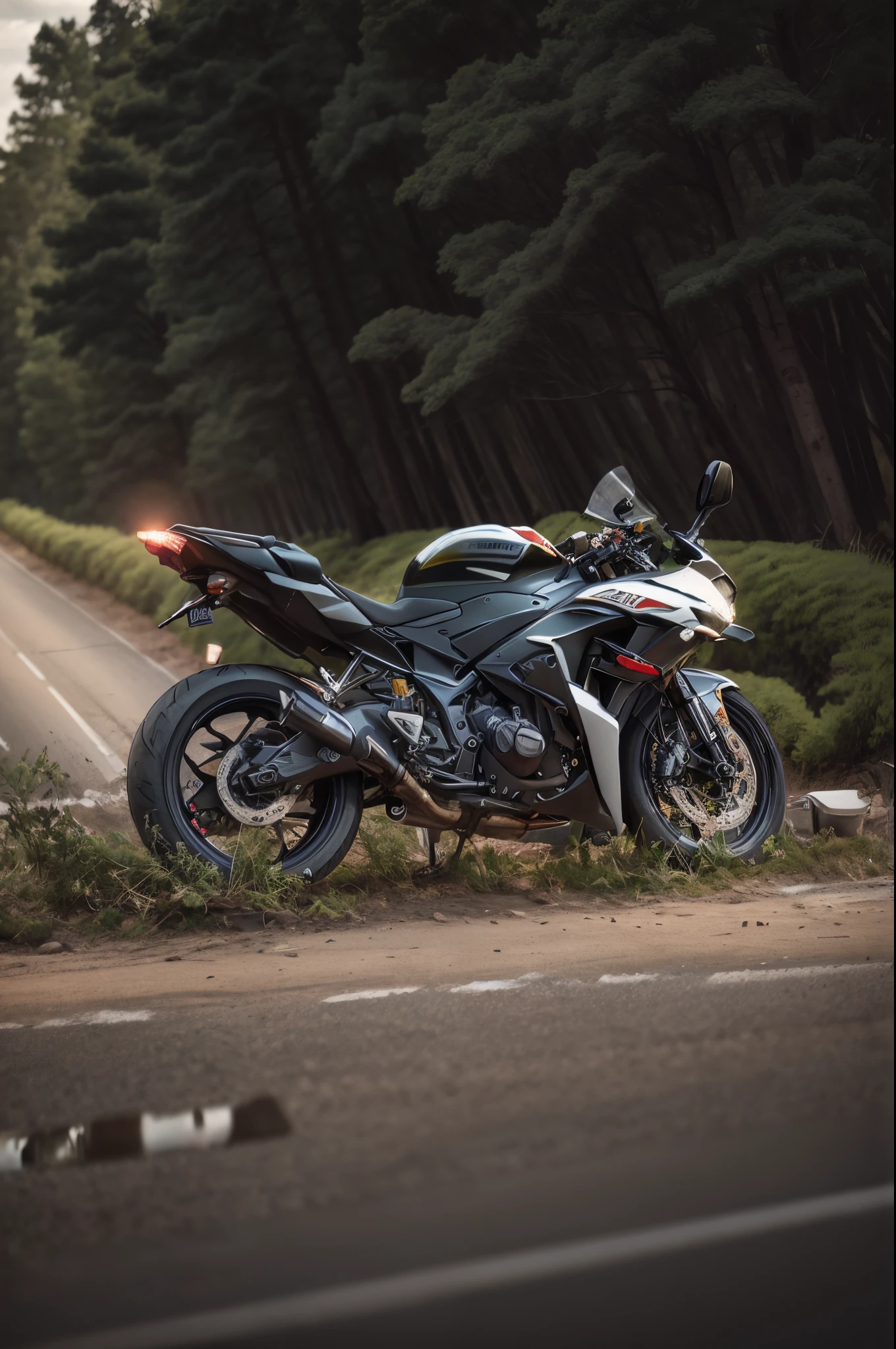 there a motorcycle parked on the side of the road, taken with sony a7r camera, powerful scene, motorcycle, yoshimura exhaust, one motorbike in center of frame, photo taken with sony a7r, photo taken with sony a7r camera, front side full, motorbike, shot on nikon d 3 2 0 0, taken with sony alpha 9