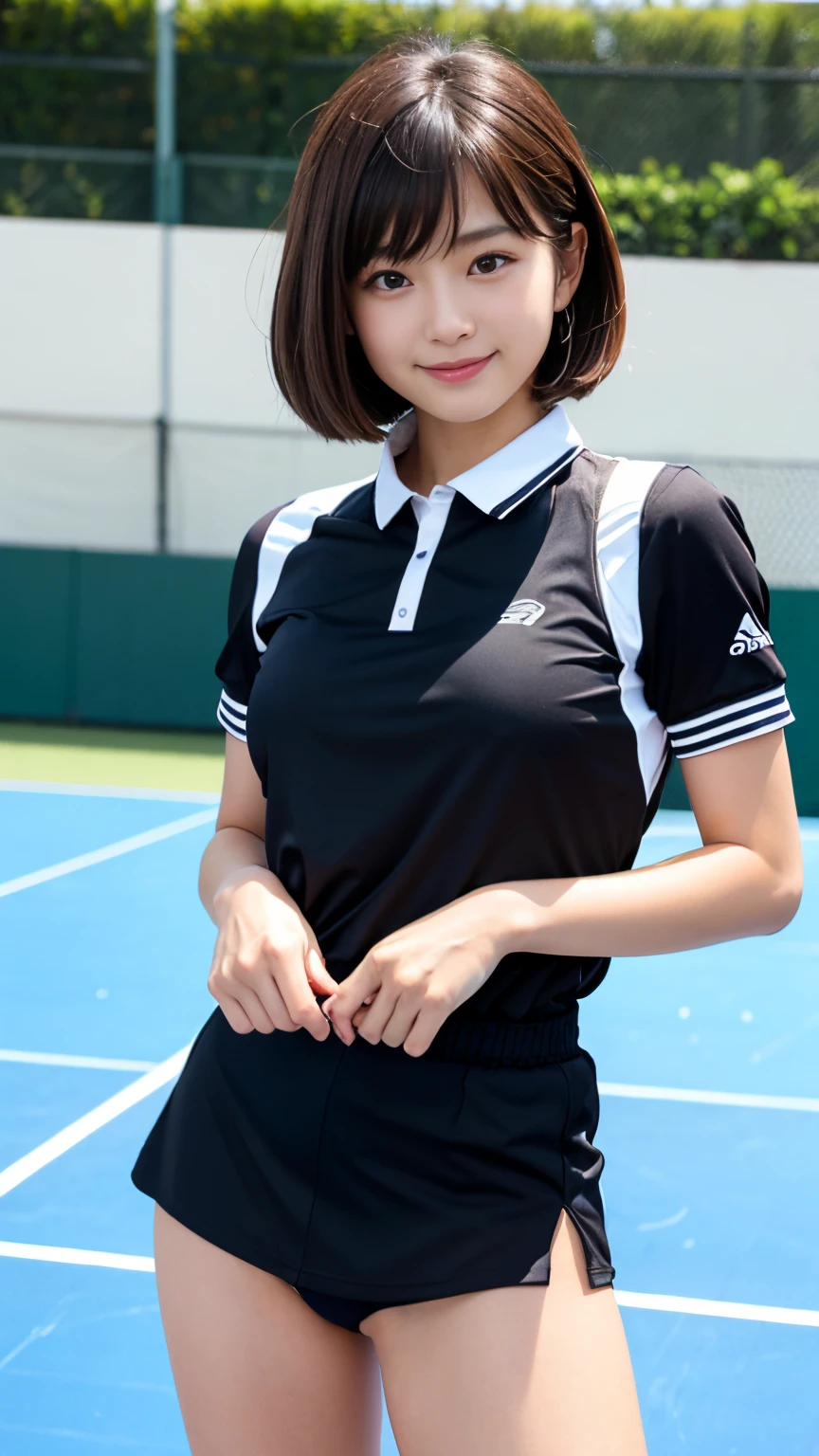 Best-quality, Masterpiece, Ultra-High-Resolution, (Photorealistic:1.4), Raw-Photo, Extremely-Details, Perfect-Anatomy, 
1girl, the most famous Japanese idol, playing tennis at tennis indoor court, 
wearing colorful tennis uniform, cowboy-shot, innocent smile, acrobatic-pose, upturned beautiful buttocks, extremely cute face like a popular Japanese idol, extremely beautiful big black solid circle eyes, extremely beautiful black short-cut-haired, extremely beautiful white skins, extremely beautiful thighs, 

detailed cute face, detailed beautiful big black solid circle eyes, detailed beautiful black short-cut-haired, detailed beautiful white skins, detailed beautiful thighs, detailed colorful tennis uniform