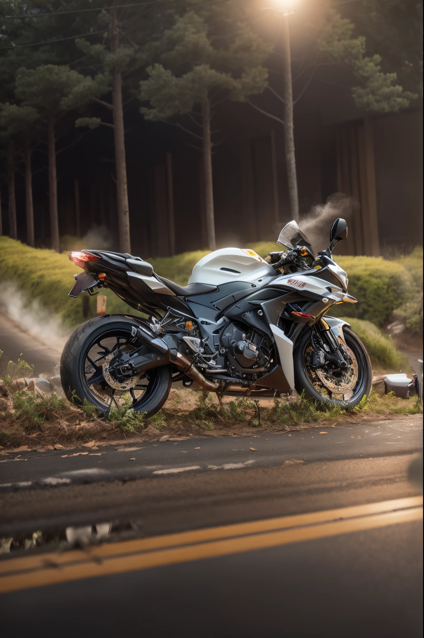 there a motorcycle parked on the side of the road, taken with sony a7r camera, powerful scene, motorcycle, yoshimura exhaust, one motorbike in center of frame, photo taken with sony a7r, photo taken with sony a7r camera, front side full, motorbike, shot on nikon d 3 2 0 0, taken with sony alpha 9