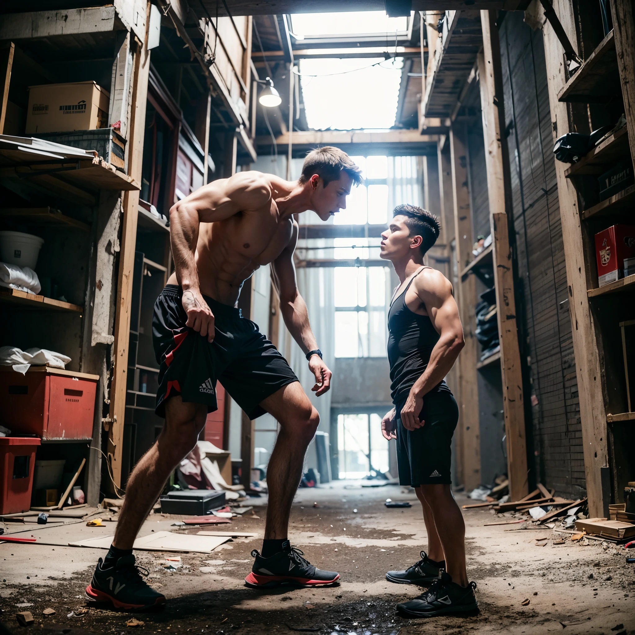 Two men, a very tall very fit serious athlete fighting a short scrawny slim meager thin twinky in black shirt afraid of him, at abandoned basement