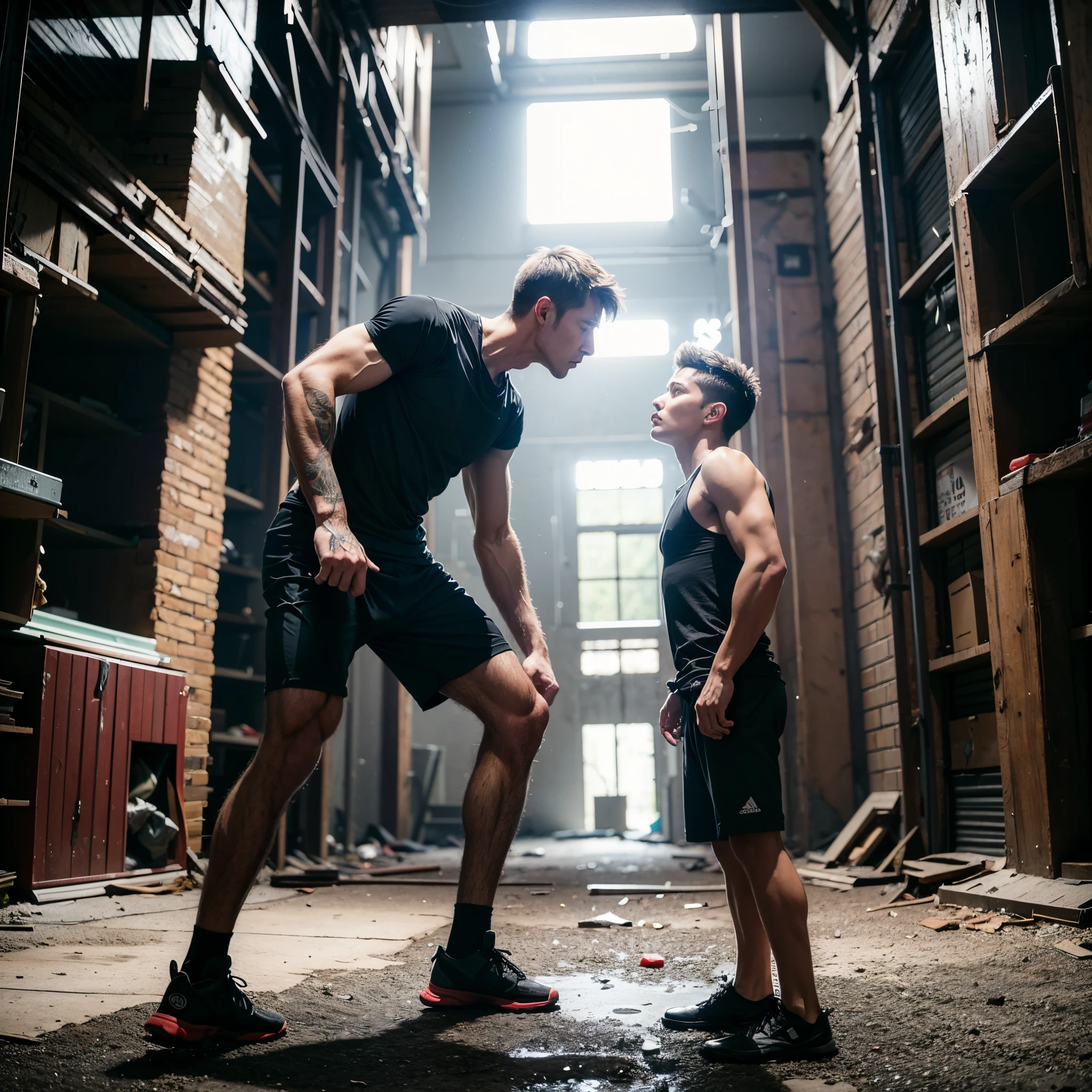 Two men, a very tall very fit serious athlete fighting a short scrawny slim meager thin twinky in black shirt afraid of him, at abandoned basement