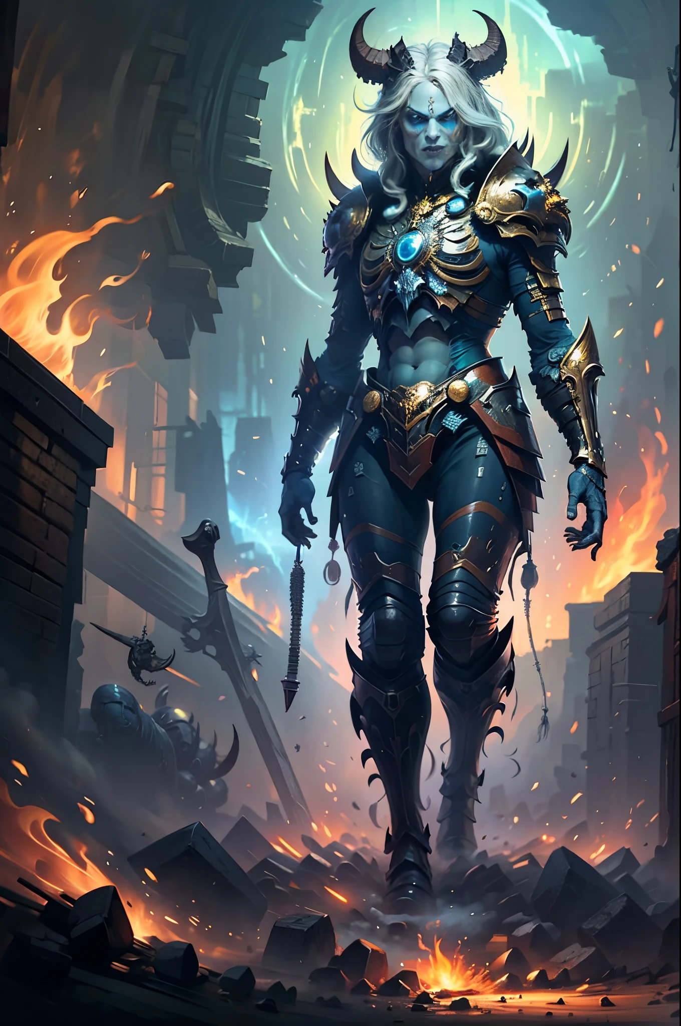Standing in a cave,D14bl0 male necromancer, Detailed background depth of field,((Detailed faces)),((The eyes glow blue)),Tall figure,Long white hair,detailed back ground,Red-eyed,Stand at the highest part of the city,Observe the city,Under the demon army,Epic war fantasy digital art,tmasterpiece,high high quality,8K,UHD resolution,Detailed detail drawing,realistically,电影灯光,an award winning photograph,surreal texture,dramatic lights,((Anatomically perfect proportions)),((Detailed faces)),詳細な目,((anatomically correct limbs)),((correct hand)),(greg rutkovsky:0.8), (cyan and orange:0.4),