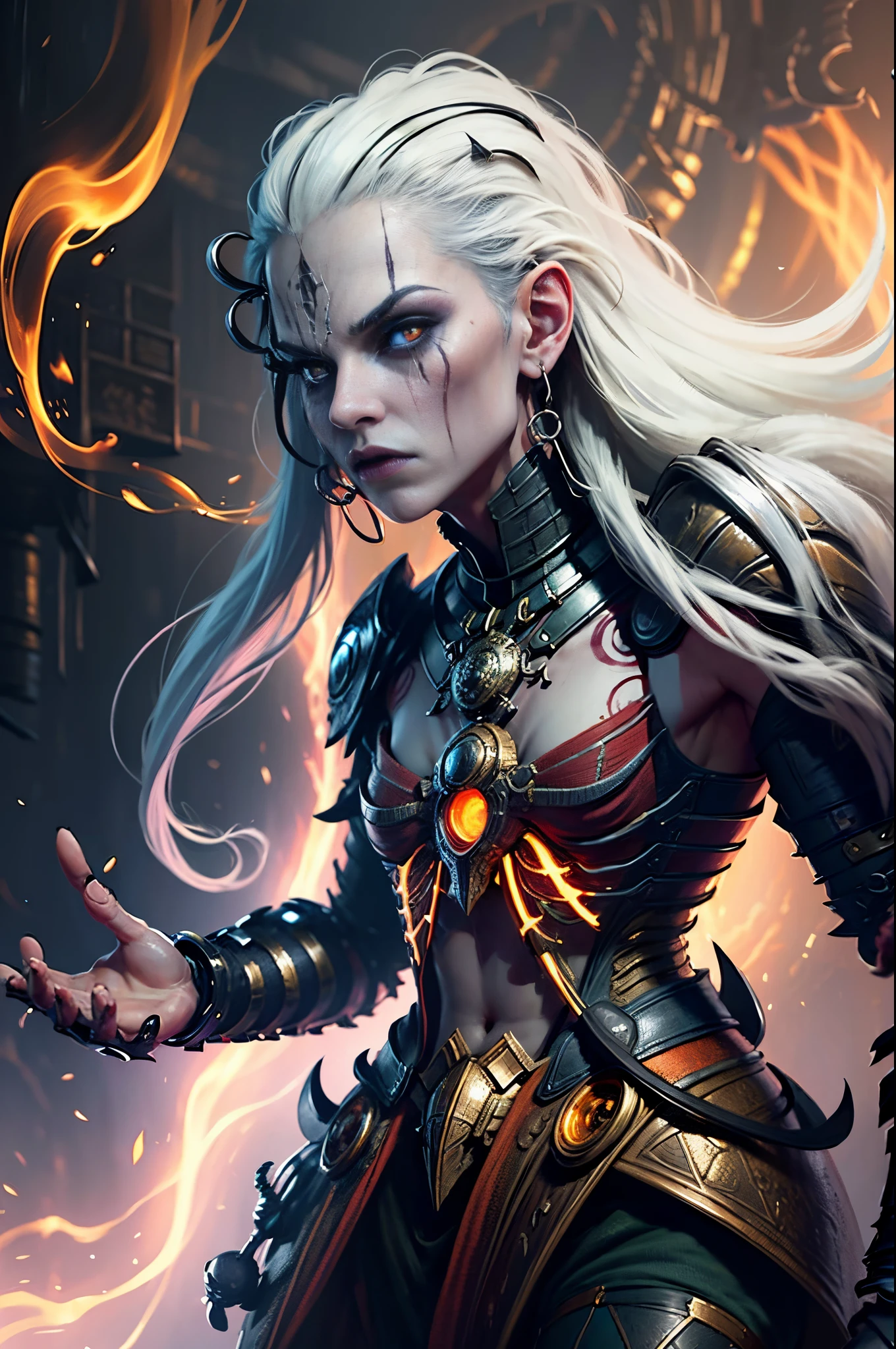 Standing in a cave,D14bl0 male necromancer, Detailed background depth of field,((Detailed faces)),((The eyes glow blue)),Tall figure,Long white hair,detailed back ground,Red-eyed,Stand at the highest part of the city,Observe the city,Under the demon army,Epic war fantasy digital art,tmasterpiece,high high quality,8K,UHD resolution,Detailed detail drawing,realistically,电影灯光,an award winning photograph,surreal texture,dramatic lights,((Anatomically perfect proportions)),((Detailed faces)),詳細な目,((anatomically correct limbs)),((correct hand)),(greg rutkovsky:0.8), (cyan and orange:0.4),