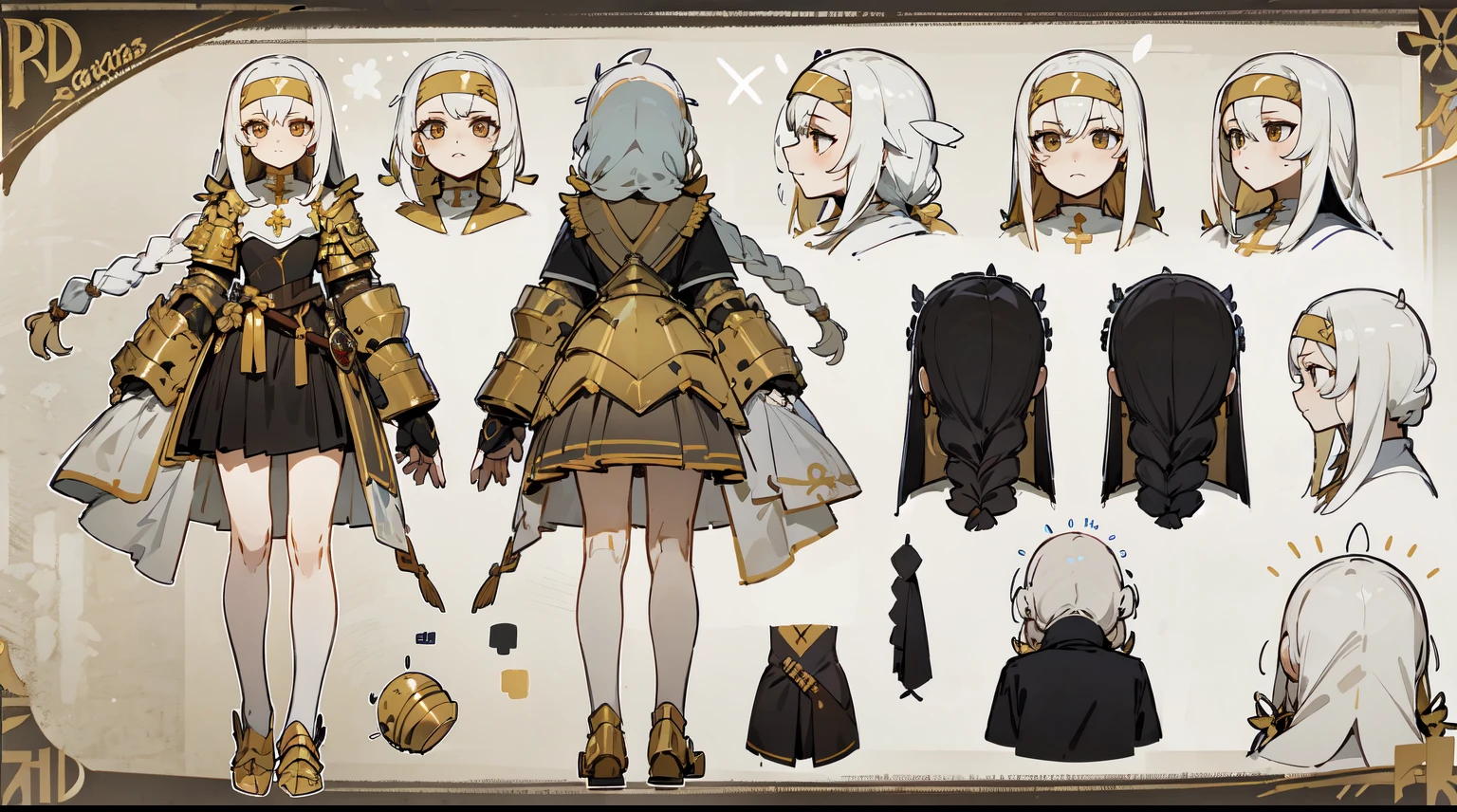 pious pope，sacrifices，Sacred costumes，lewd nun，crosses, golden, (tmasterpiece), Best quality at best,Golden armor，Slim armor shape，Holding a long sword， Expressive eyes,    s the perfect face, (character sheets:1),character  design，Conceptual role，（The whole body  from head to toe）, Long white hair, Braided hair