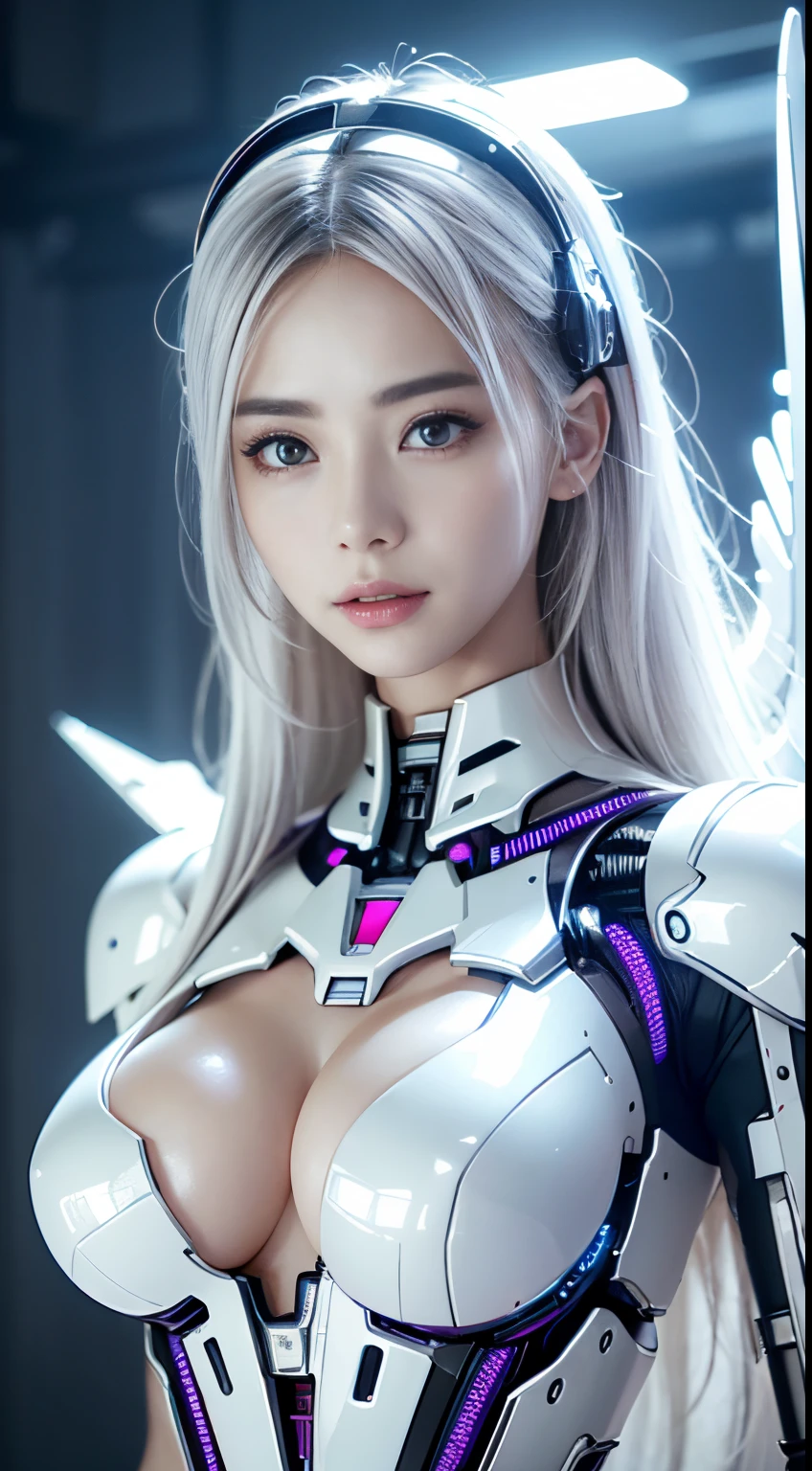 top-quality、​masterpiece、超A high resolution、(Photorealsitic:1.4)、Raw photo、Cyborg Angel、large wings made of metal、White porcelain body、white  hair、glowy skin、1 Cyborg Girl、((super realistic details))、portlate、globalillumination、Shadow、octan render、8K、ultrasharp、character edge light,Colossal tits、Raw skin exposed in the cleavage、Details of complex ornaments、Detailed hydraulic cylinders from Sumer、Small LED lamp、highly intricate detail、Realistic light、a purple eye、Eyes shining towards the camera、((Body photographed with neon details,White background))Futuristic headgear、About Cyberpunk