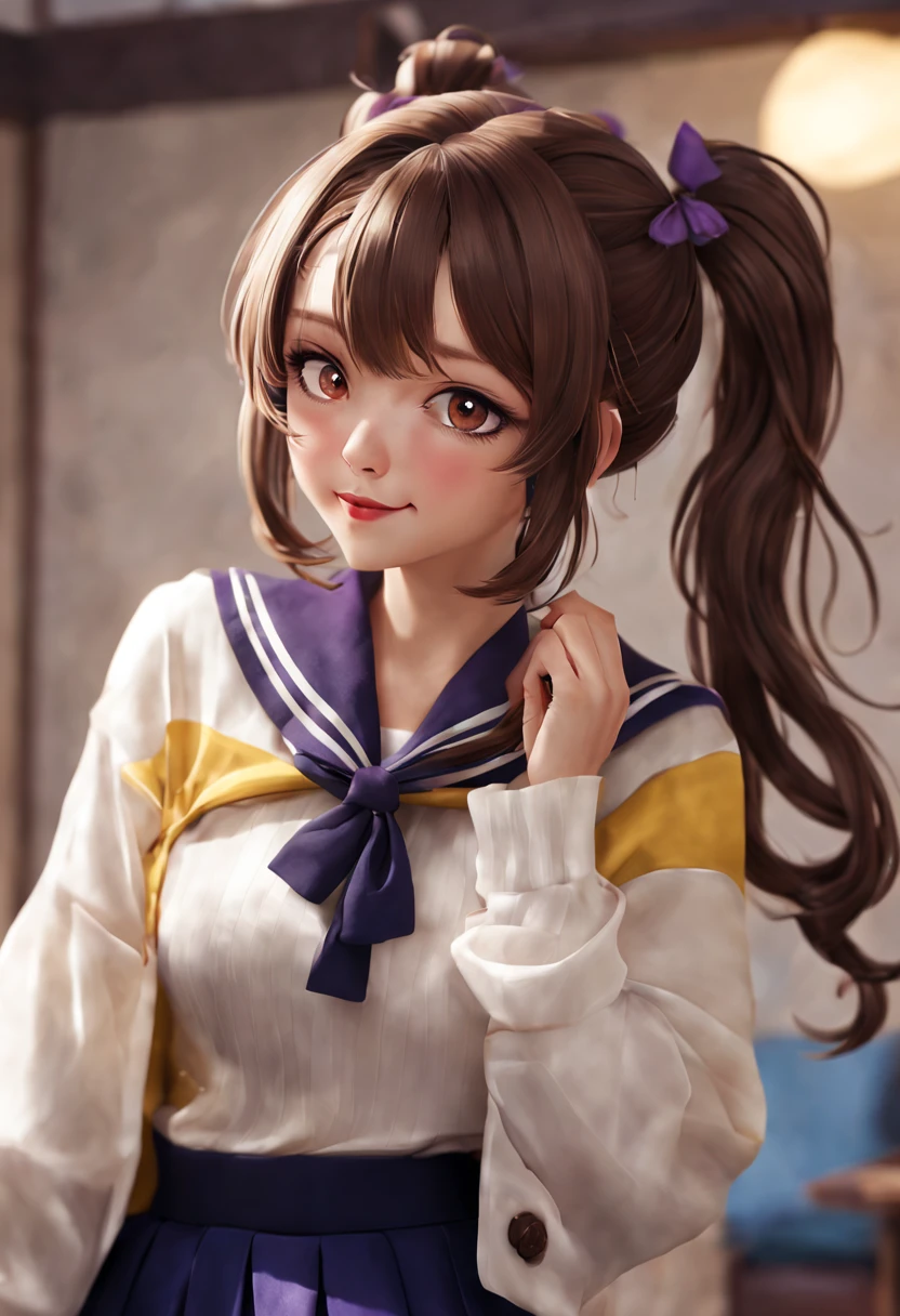 styled, 1个Giant Breast Girl, Alone, Brown hair, inner strength, hair adornments, 校服, side ponytails, ssmile, looking at viewert, 围巾, The upper part of the body, heart-shaped hair ornament, cardigan shirt, Sailor collar, Sefuku, Black sailor collar, By bangs, yellow-eyed, Keep your mouth shut, long whitr hair, Brown eyes, purple scarf, Striped background, 鎖骨, There are striped ones, polka dots, As estrelas (symbol)
