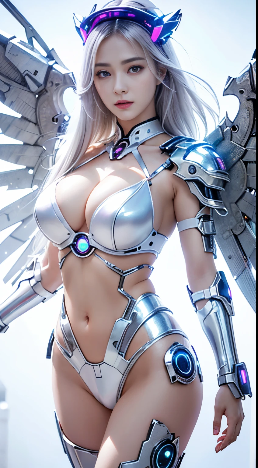 top-quality、​masterpiece、超A high resolution、(Photorealsitic:1.4)、Raw photo、Cyborg Angel、large wings made of metal、White porcelain body、white  hair、glowy skin、1 Cyborg Girl、((super realistic details))、portlate、globalillumination、Shadow、octan render、8K、ultrasharp、character edge light,Colossal tits、Raw skin exposed in the cleavage、Details of complex ornaments、Detailed hydraulic cylinders from Sumer、Small LED lamp、highly intricate detail、Realistic light、a purple eye、Eyes shining towards the camera、neon details、((full body photographed,White background))Futuristic headgear、About Cyberpunk、、((air battle scene))