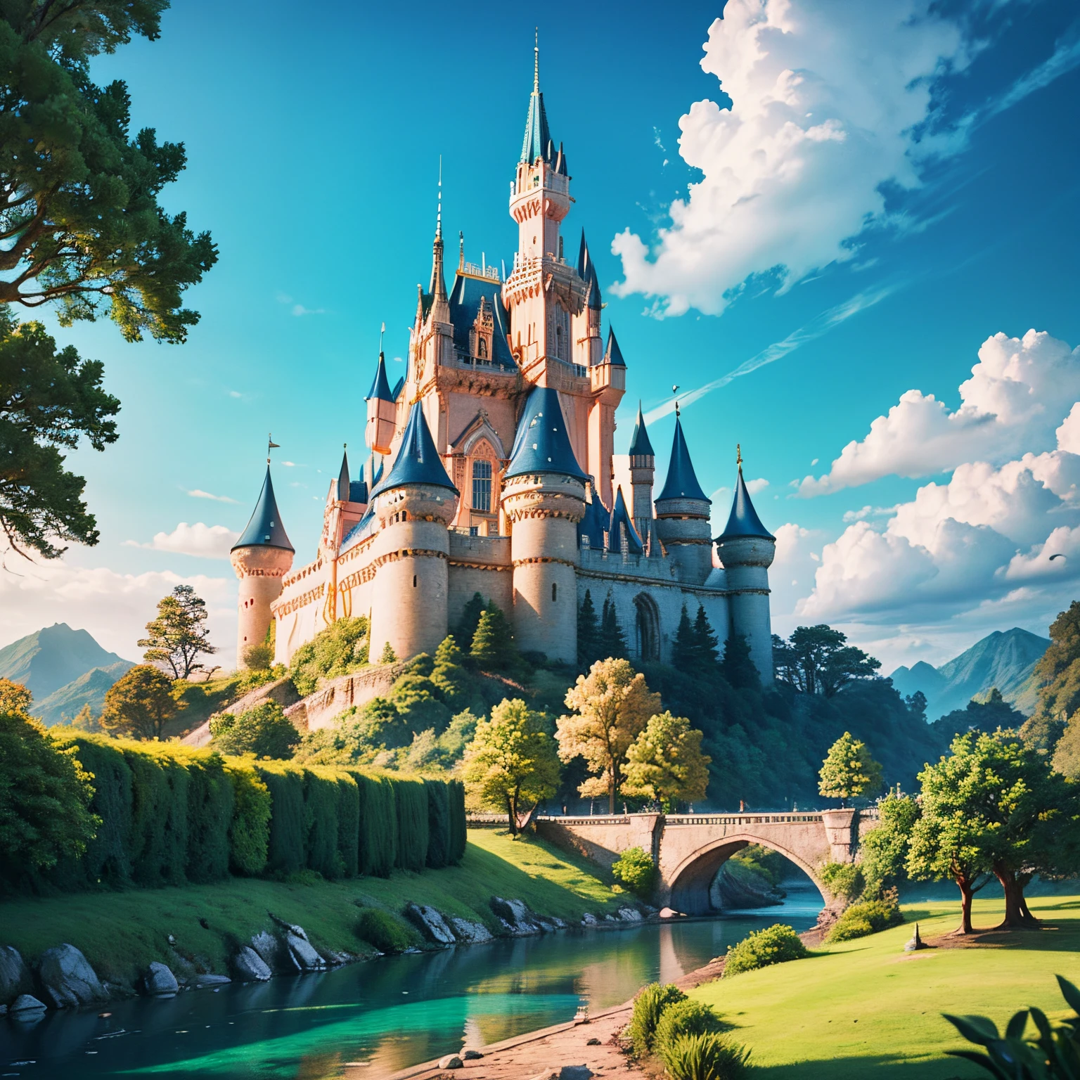 best quality,3D animation,castle in the background,distant kingdom,daylight,lush greenery,sparkling river,majestic architecture,fine details,realistic lighting,highres vivid colors,ultra-detailed,professional,sharp focus,masterpiece:1.2