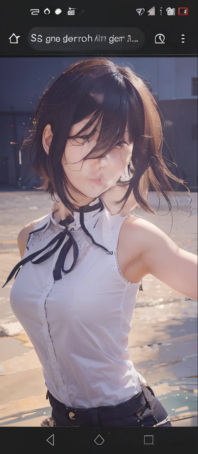 1girl, black hair, black eyes, white shirt, short hair