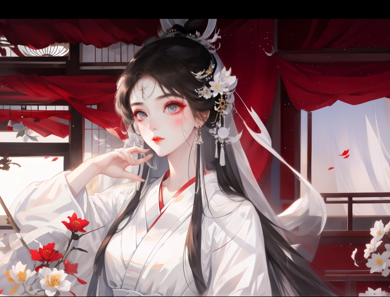 The eyes are injured and tied with white gauze，Close-up of a woman in a white dress holding a fan, 宮 ， A girl in Hanfu, Inspired by Qiu Ying, Inspired by Li Tang, Inspired by Li Meihu, Inspired by Tang Yifen, Inspired by Huang Ji, Inspired by Ma Yuanyu, xianxia fantasy, full body xianxia, Inspired by Zhou Fang