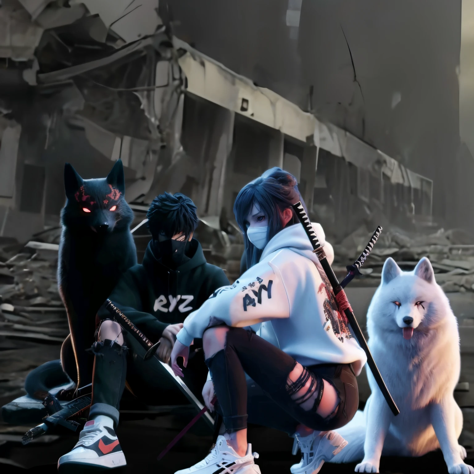 anime characters sitting on a pile of rubble with a dog, anime style 4 k, badass anime 8 k, epic anime style, anime style. 8k, from arknights, artwork in the style of guweiz, anime styled 3d, realistic anime 3 d style, 4k anime wallpaper, arknights, anime wallpaper 4 k, anime wallpaper 4k