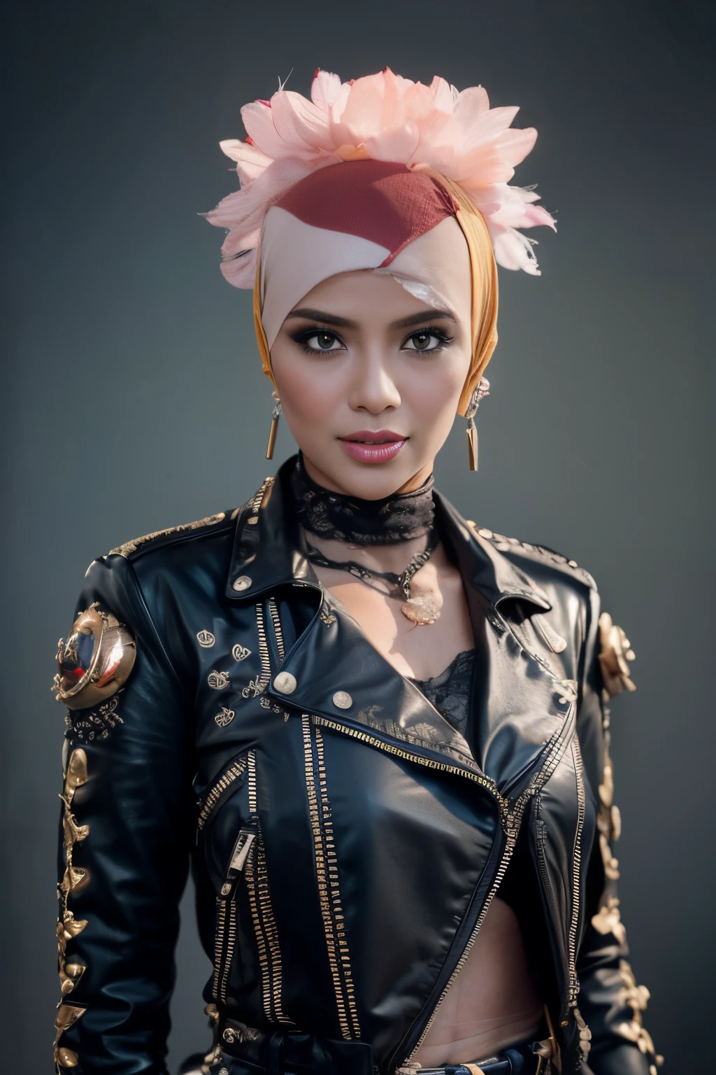 (((MALAY HIJAB GIRL))), (realistic, photo-realistic:1.4), (1girl), big breast, wearing light blue lace bra and panties, hand on hips, ((HEAVY NIPPLES)), (( TRANSPARENT )), ((YELLOW LACE )).