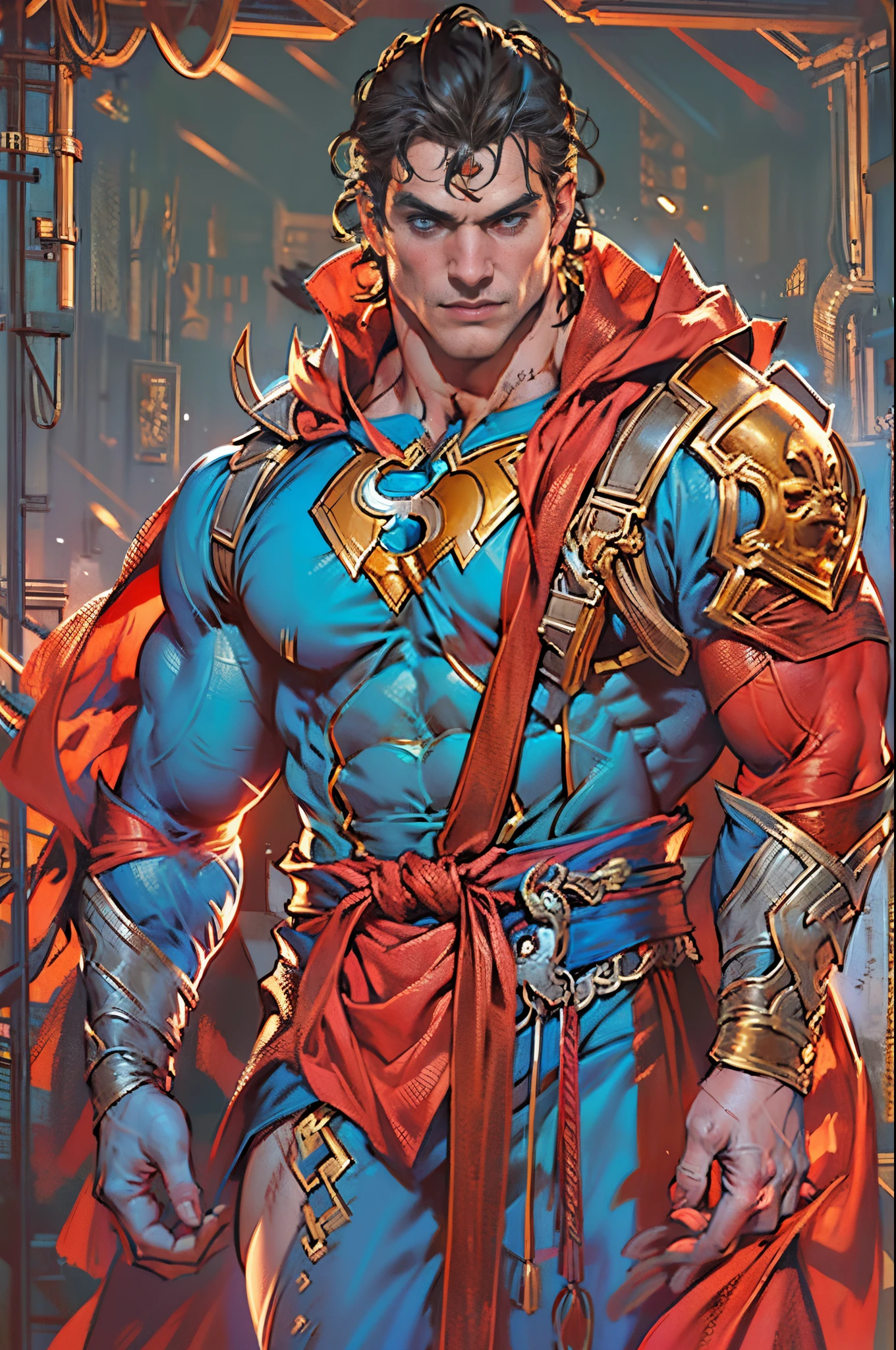 Draw a superhero in the style of D14bl0, Henry Cavill as Superman, 40s year old, All blue and red detail set, karate, Big red S symbol on chest, redcloak, Cover the hair on your forehead, short detailed hair, tidy hair, tall, Masculinity, Stout body, muscular men)), ((Muscular legs)), ((Very manly)), broad shoulder, Keep a straight face，expressiveless, brunette color hair, Best quality at best, A high resolution:1.2, tmasterpiece, photographrealistic, deep dark background, Detailed package, 详细的脸, upperbody shot, arms folded, RuneCities in the background，(greg rutkovsky:0.8), (cyan and orange:0.4），