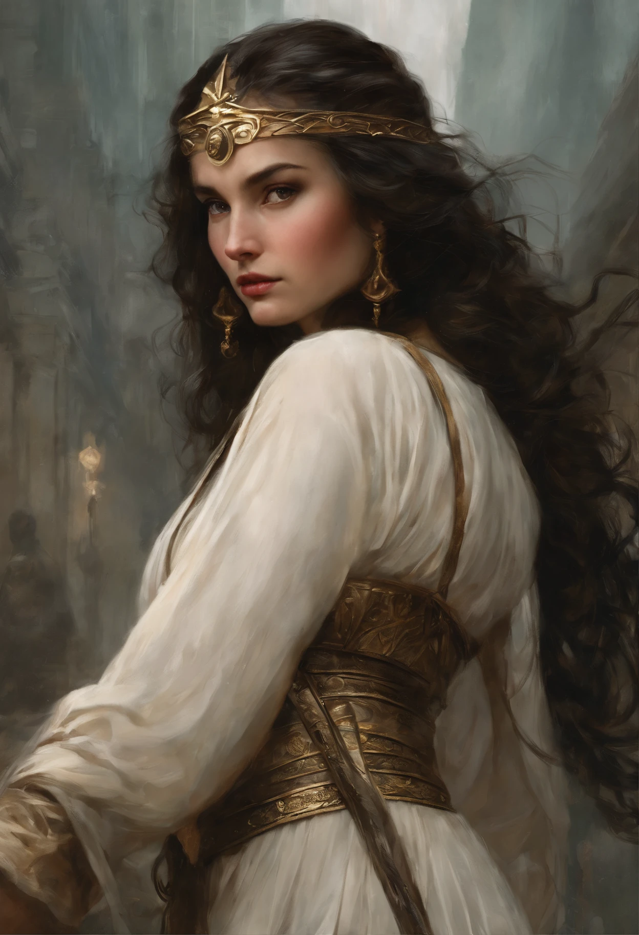 真实感, dark fantasy style, John Tolkien style, Small painting by Jean-Baptiste Monge, portraite of a, looks from the front, Soft facial features,  Angel Girl, Average height, dark pink lips, thin lips shape ,"Cool eyebrows in the shape of Angryburts, dark brown eyes, green colored eyes, drooping eye shape, drooping corner of the eye, looking at away,  black  hair, hair braided in a long thick tight braid,  classic braid, hairstyle with classic braid, slightly upturned nose,  in the hands of the sword of the heavenly warrior,   Human hand, very clear without flaws with five fingers ,in the form of a Valkyrie,  Carol Buck style, behind his back are huge open angel wings, Sword in hand, Slightly naked, Priestesses, dressed in white and gold clothes, holy golden armor, Celestial Queen, Standing next to a motorcycle, rain is dripping, The city, megalopolis, city trail, big house, glass skyscraper Jean-Baptiste Monge, anthropomorphic --ar 2:3 --testp -optimistic;