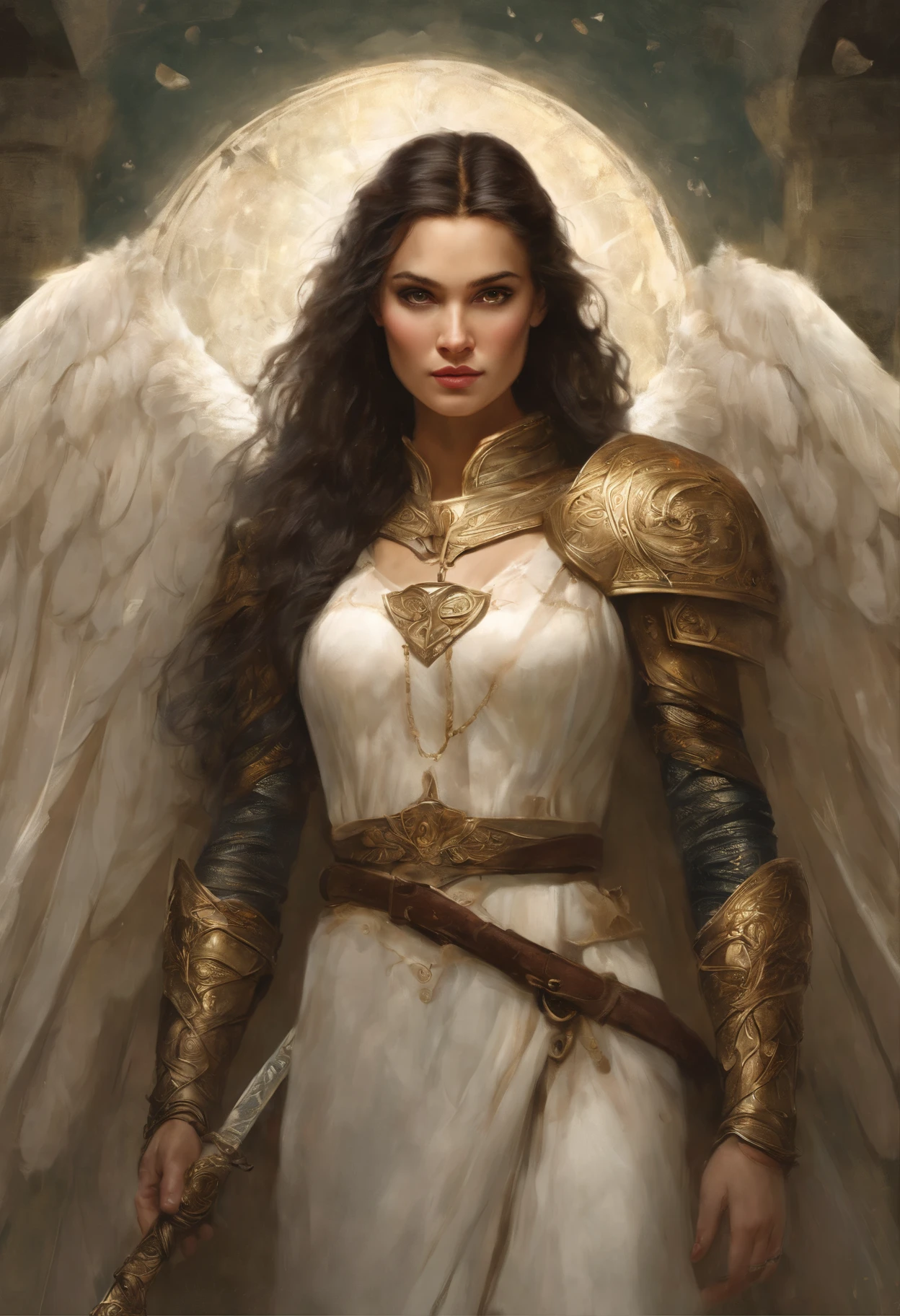 真实感, dark fantasy style, John Tolkien style, Small painting by Jean-Baptiste Monge, portraite of a, looks from the front, Soft facial features,  Angel Girl, Average height, dark pink lips, thin lips shape ,"Cool eyebrows in the shape of Angryburts, dark brown eyes, green colored eyes, drooping eye shape, drooping corner of the eye, looking at away,  black  hair, hair braided in a long thick tight braid,  classic braid, hairstyle with classic braid, slightly upturned nose,  in the hands of the sword of the heavenly warrior,   Human hand, very clear without flaws with five fingers ,in the form of a Valkyrie,  Carol Buck style, behind his back are huge open angel wings, Sword in hand, Slightly naked, Priestesses, dressed in white and gold clothes, holy golden armor, Celestial Queen, Standing next to a motorcycle, rain is dripping, The city, megalopolis, city trail, big house, glass skyscraper Jean-Baptiste Monge, anthropomorphic --ar 2:3 --testp -optimistic;