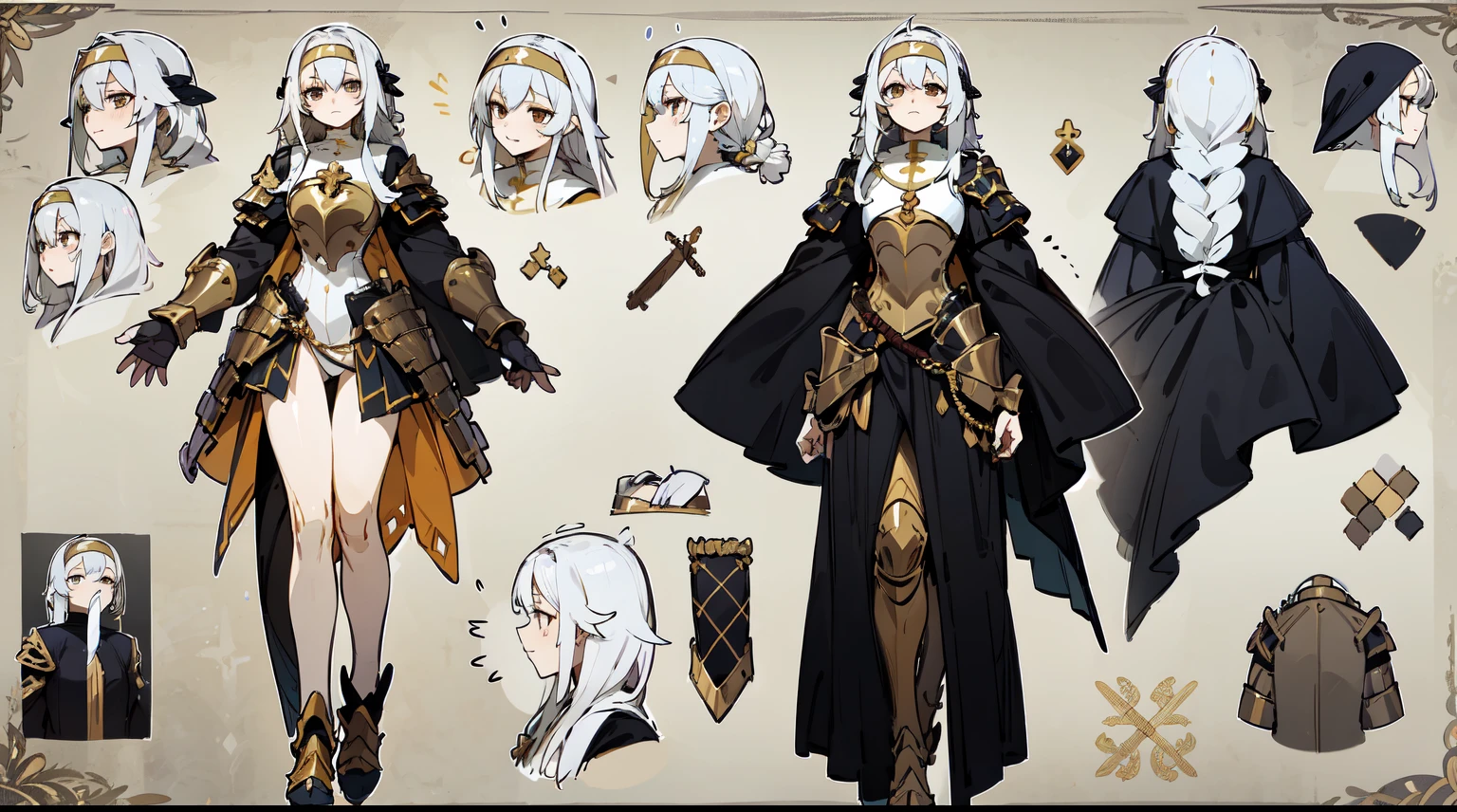 pious pope，sacrifices，Sacred costumes，lewd nun，crosses, golden, (tmasterpiece), Best quality,golden armour，Slim armor shape，holding a longsword，Leg armor，armour，wrist armor， Expressive eyes,     a perfect face, (character sheets:1),character  design，Conceptual role，（The whole body  from head to toe）, Long white hair, Braided hair