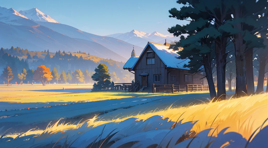 Different houses on the farm in winter, trees, snow scene, painting of a house in the middle of the field, Anime countryside landscape, Anime background art, Anime landscape concept art, Anime landscapes, anime landscape wallpapers, beautiful anime scenery, Anime landscapes, distant village background, studio glibly makoto shinkai, anime backgrounds, Makoto Shinkai's style, anime movie backgrounds, beautiful anime scenes