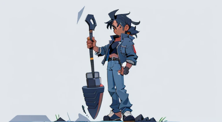 black color hair，Wears a headband on his head，Darker skin，petty eyes，large ear，Blue denim jacket，Black pantsuit，Wear a belt，With a shovel in his hand，high qulity