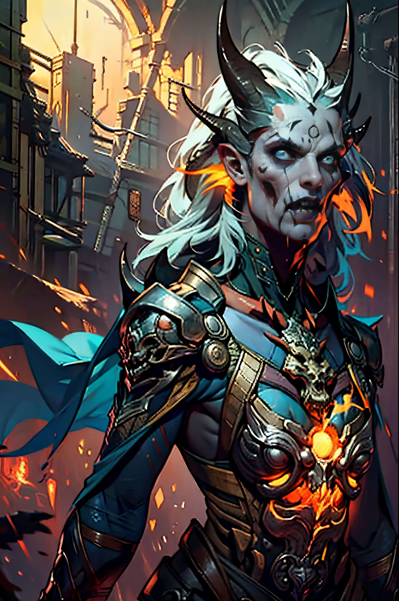 Standing in a cave，D14bl0 male necromancer, Detailed background depth of field,((Detailed faces)),((The eyes glow blue))，Tall figure，Long white hair,detailed back ground，Red-eyed，Stand at the highest part of the city，Observe the city，Under the demon army，Epic war fantasy digital art，tmasterpiece，high high quality，8K，UHD resolution，Detailed detail drawing，realistically，电影灯光，an award winning photograph，surreal texture，dramatic lights，((Anatomically perfect proportions))，((Detailed faces))，詳細な目，((anatomically correct limbs))，((correct hand))，(greg rutkovsky:0.8), (cyan and orange:0.4），