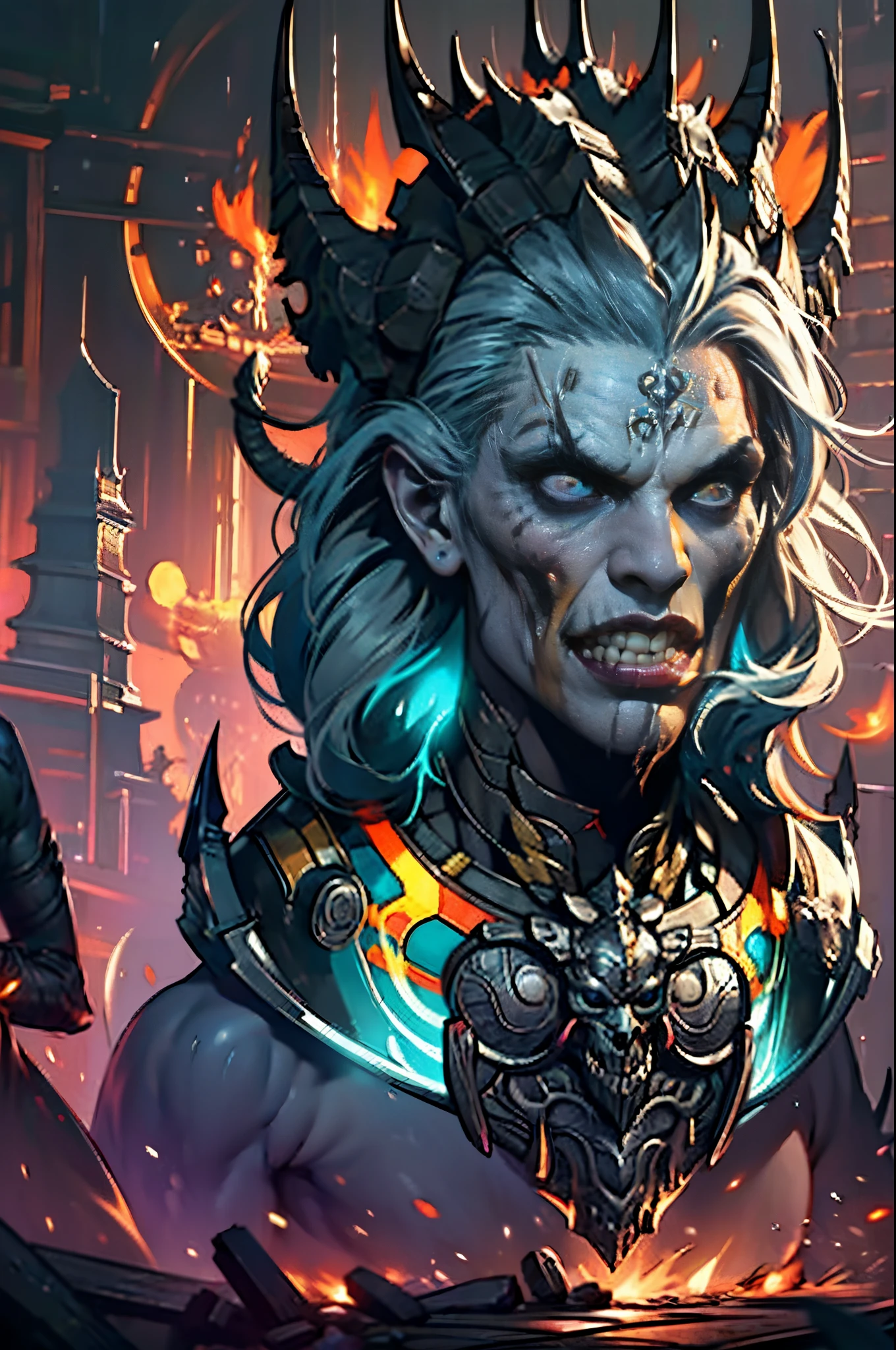 Standing in a cave，D14bl0 male necromancer, Detailed background depth of field,((Detailed faces)),((The eyes glow blue))，Tall figure，Long white hair,detailed back ground，Red-eyed，Stand at the highest part of the city，Observe the city，Under the demon army，Epic war fantasy digital art，tmasterpiece，high high quality，8K，UHD resolution，Detailed detail drawing，realistically，电影灯光，an award winning photograph，surreal texture，dramatic lights，((Anatomically perfect proportions))，((Detailed faces))，詳細な目，((anatomically correct limbs))，((correct hand))，(greg rutkovsky:0.8), (cyan and orange:0.4），