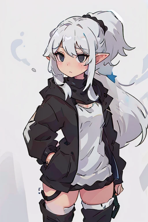 1 elf girl, White Hair, Wavy hairstyle with a ponytail, Black eyes, Wear a sweater, black thigh high socks