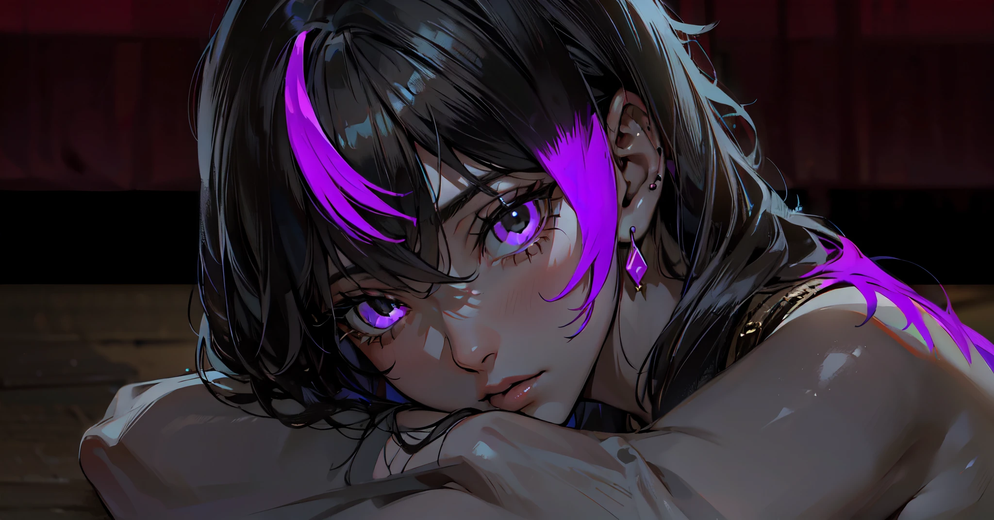 Una mujer tirada en el suelo, desnudo, Erotic aura, Beautiful, joven, Solo tiene aretes morados, cabello negro, Es medianoche, cold atmosphere, Suelo de madera antiguo, ella te mira a los ojos avergonzada, hermoso aspecto, piel ruborizada