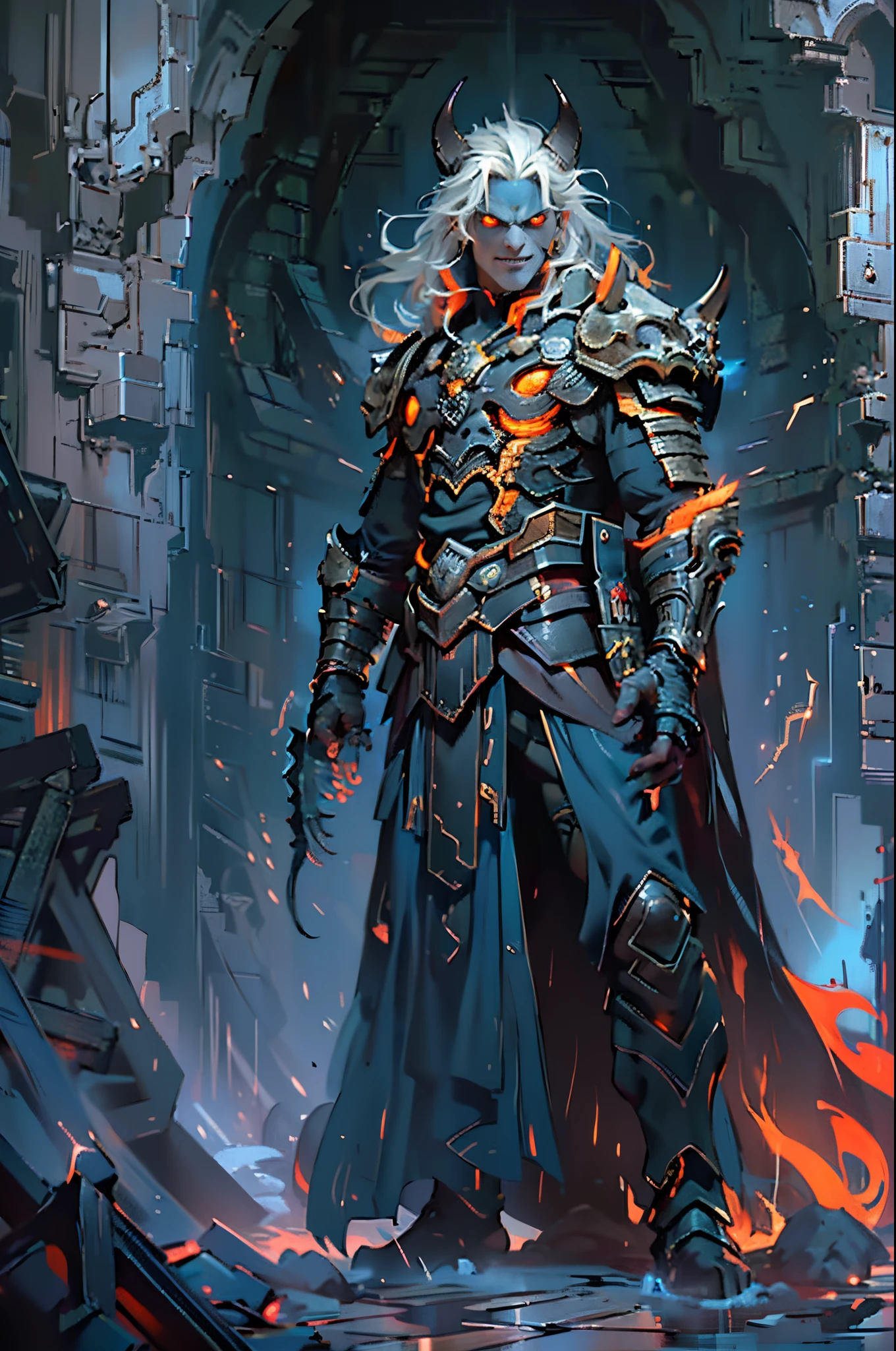 Standing in a cave,D14bl0 male necromancer, Detailed background depth of field,((Detailed faces)),((The eyes glow blue)),Tall figure,Long white hair,detailed back ground,Red-eyed,Stand at the highest part of the city,Observe the city,Under the demon army,Epic war fantasy digital art,tmasterpiece,high high quality,8K,UHD resolution,Detailed detail drawing,realistically,电影灯光,an award winning photograph,surreal texture,dramatic lights,((Anatomically perfect proportions)),((Detailed faces)),詳細な目,((anatomically correct limbs)),((correct hand)),(greg rutkovsky:0.8), (cyan and orange:0.4),