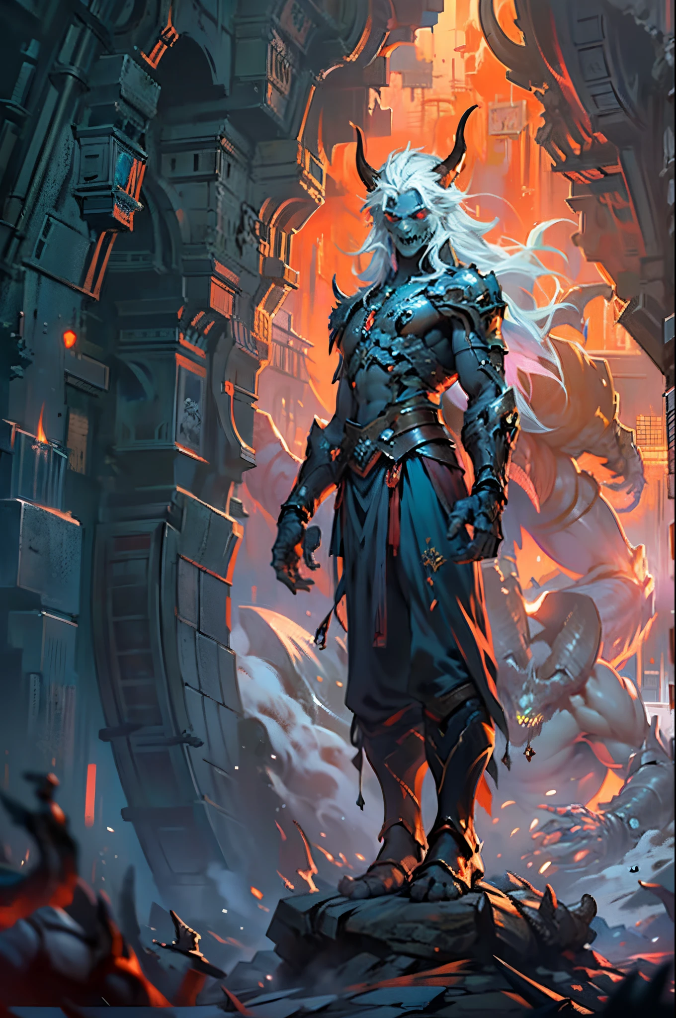 Standing in a cave，D14bl0 male necromancer, Detailed background depth of field,((Detailed faces)),((The eyes glow blue))，Tall figure，Long white hair,detailed back ground，Red-eyed，Stand at the highest part of the city，Observe the city，Under the demon army，Epic war fantasy digital art，tmasterpiece，high high quality，8K，UHD resolution，Detailed detail drawing，realistically，电影灯光，an award winning photograph，surreal texture，dramatic lights，((Anatomically perfect proportions))，((Detailed faces))，詳細な目，((anatomically correct limbs))，((correct hand))，(greg rutkovsky:0.8), (cyan and orange:0.4），