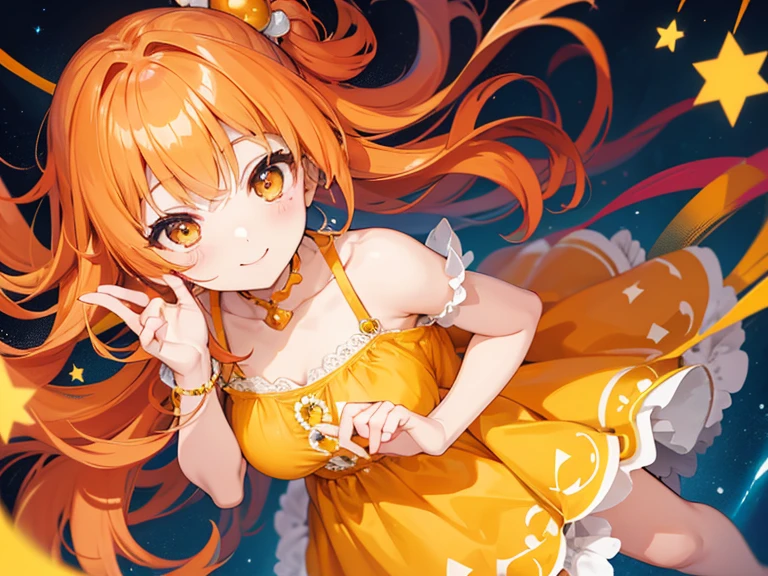 girl with、orange color hair、Smile a lot、winc、Yellow dress、kirakira、Hair fluffy