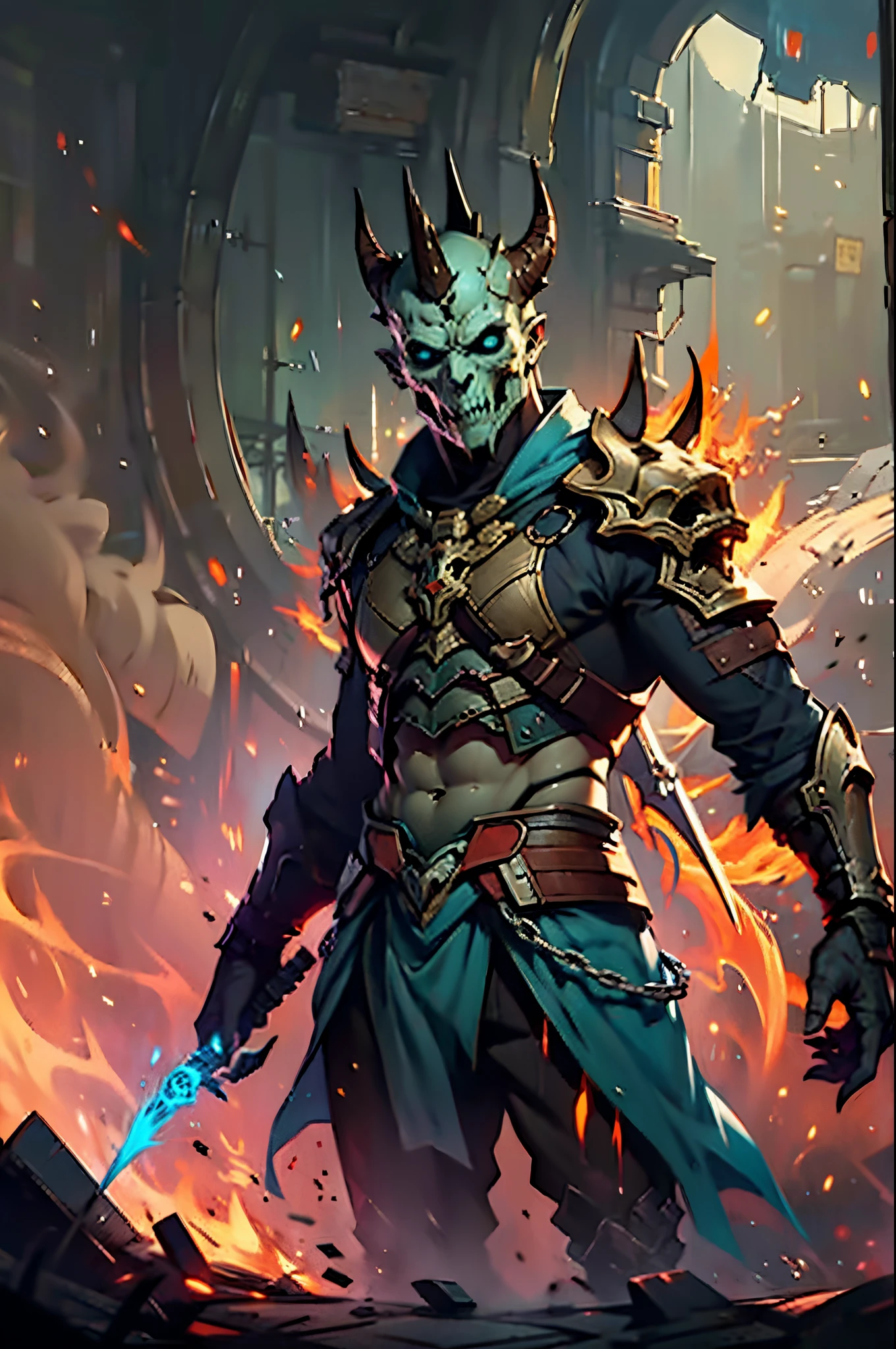 In the style of D14bl0,depict a duel,Male Necromancer and Demon Hunter,Surrealism, drop shadow, stereogram, tachi-e, pov, atmospheric perspective, 8k, super detail, ccurate, best quality,(greg rutkovsky:0.8), (cyan and orange:0.4),